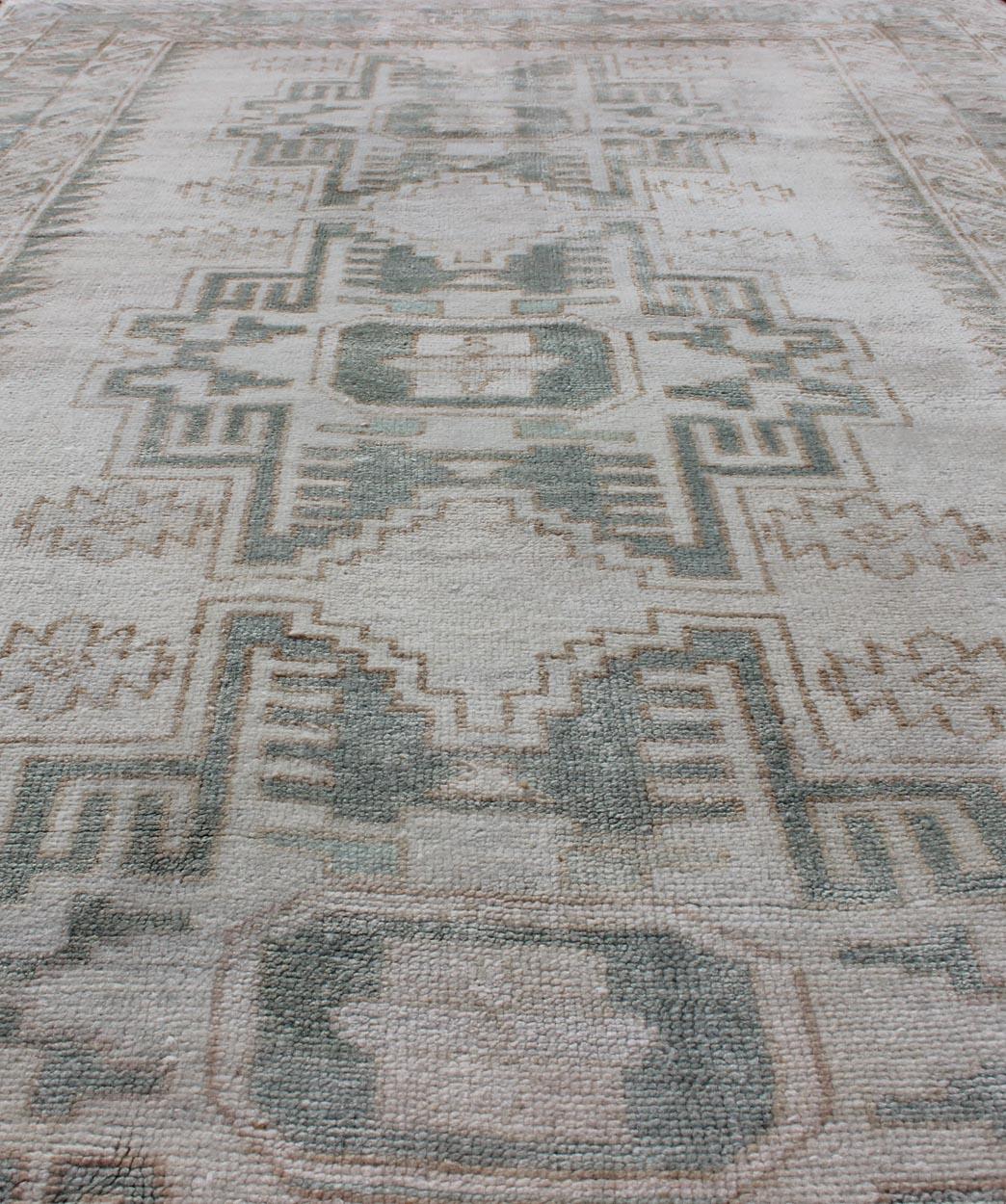Vintage Turkish Oushak Rug with Central Medallions in Taupe and Light Green In Good Condition For Sale In Atlanta, GA