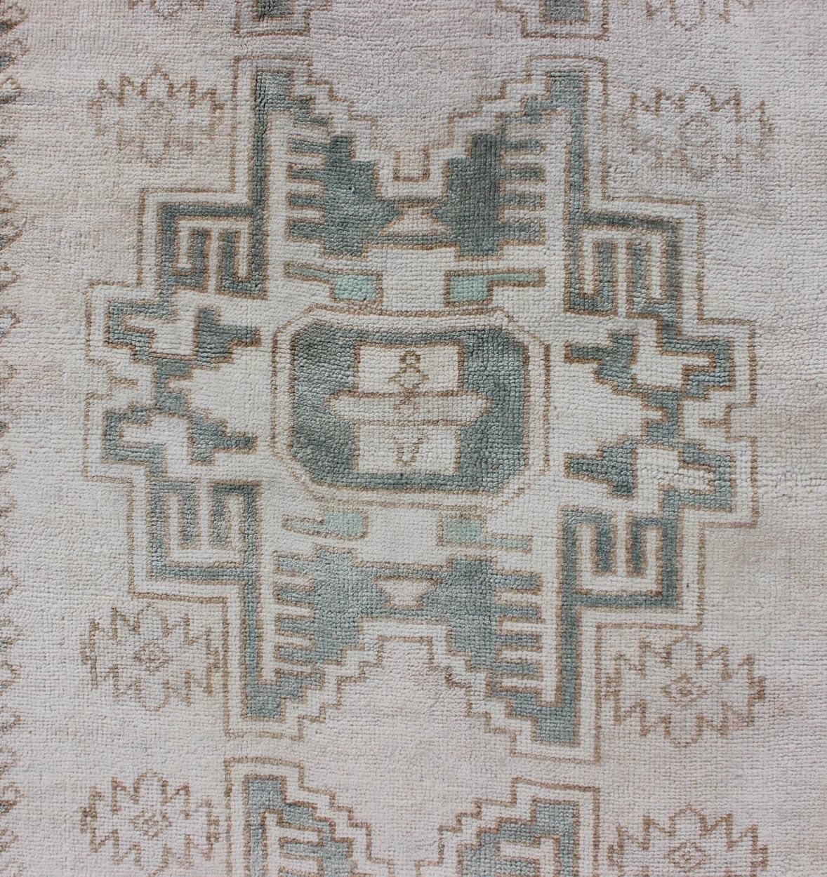 20th Century Vintage Turkish Oushak Rug with Central Medallions in Taupe and Light Green For Sale
