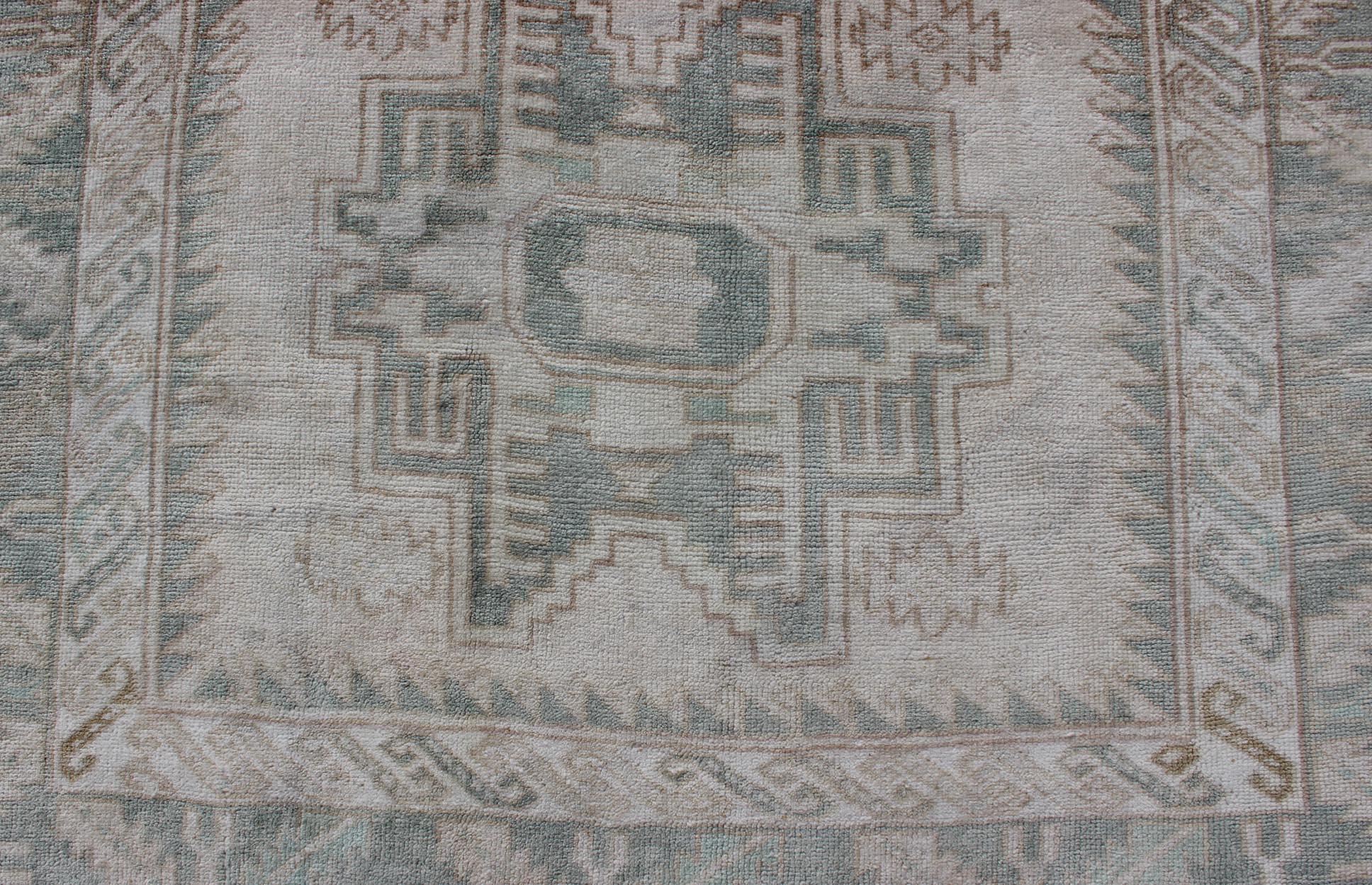 Wool Vintage Turkish Oushak Rug with Central Medallions in Taupe and Light Green For Sale