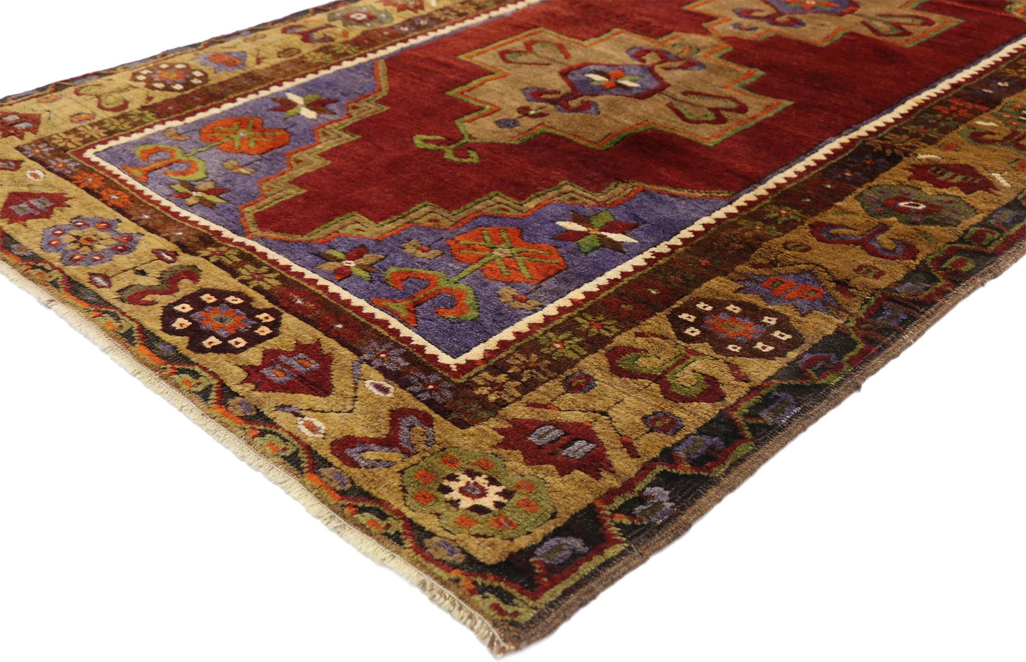 52446 Vintage Turkish Oushak Rug with Colorful Arts & Crafts Style 03'05 x 05'11. This hand knotted wool vintage Turkish Oushak rug features two connected stepped hexagonal medallions with ram’s Horn pendants floating on an abrashed ruby red field,