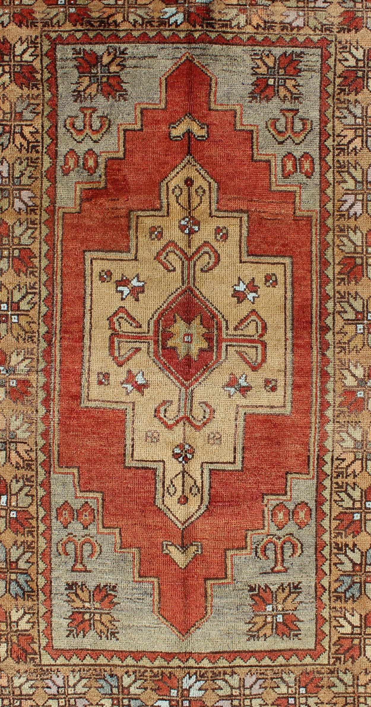 Hand-Knotted Vintage Turkish Oushak Rug with Colorful Layered Medallion For Sale