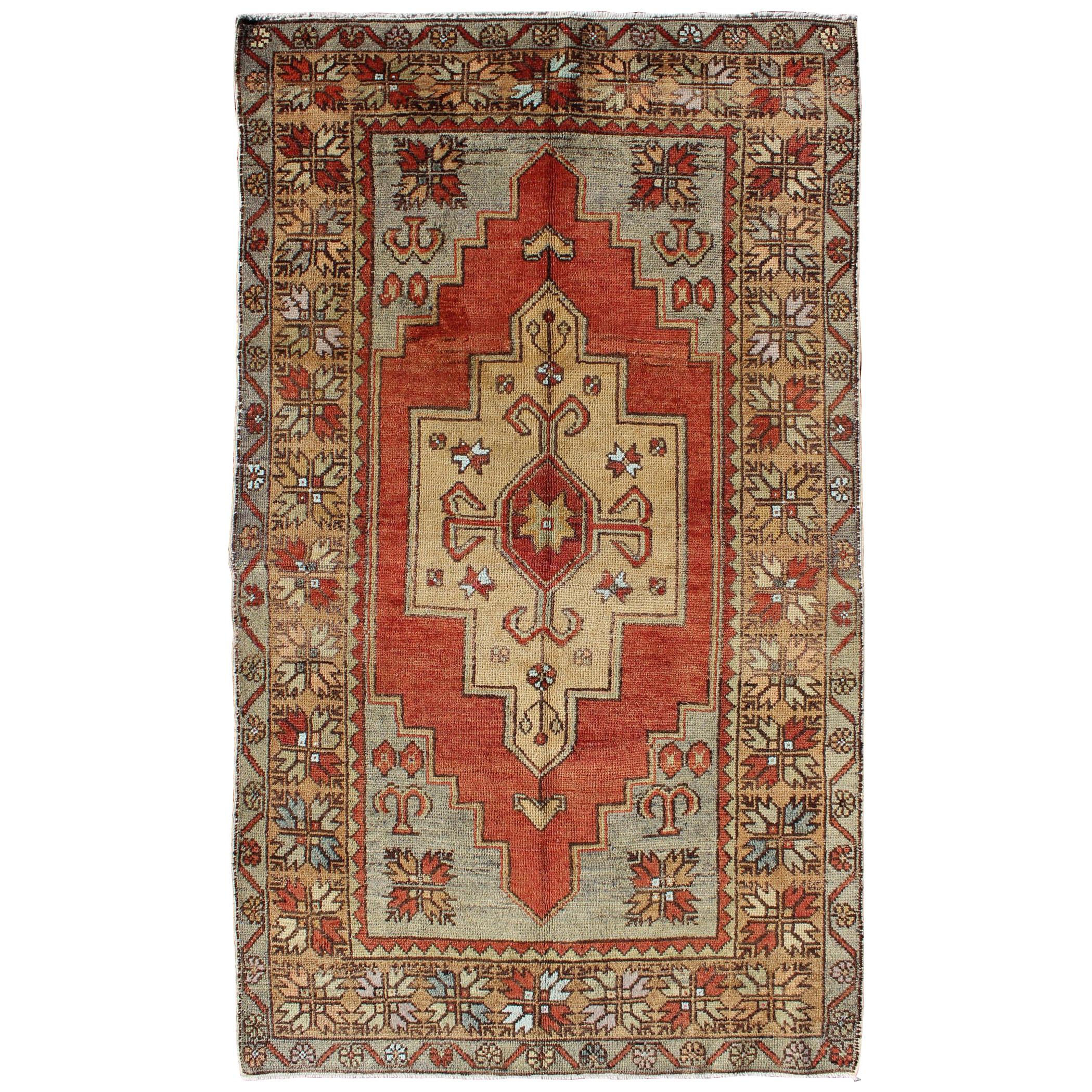 Vintage Turkish Oushak Rug with Colorful Layered Medallion