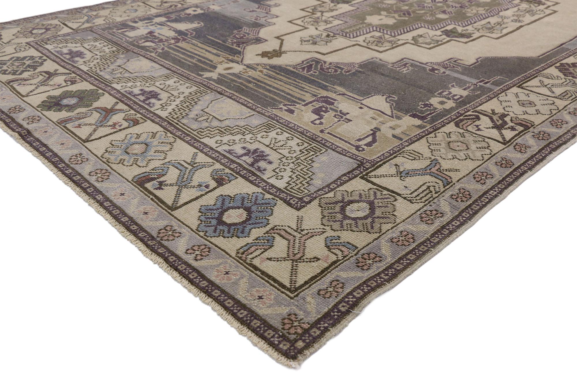 52475, vintage Turkish Oushak rug with Cottage Shaker style. Featuring a large center medallion on an abrashed pastel backdrop, this hand knotted wool vintage Turkish Oushak rug with Shaker style displays a plethora of angular floral motifs.