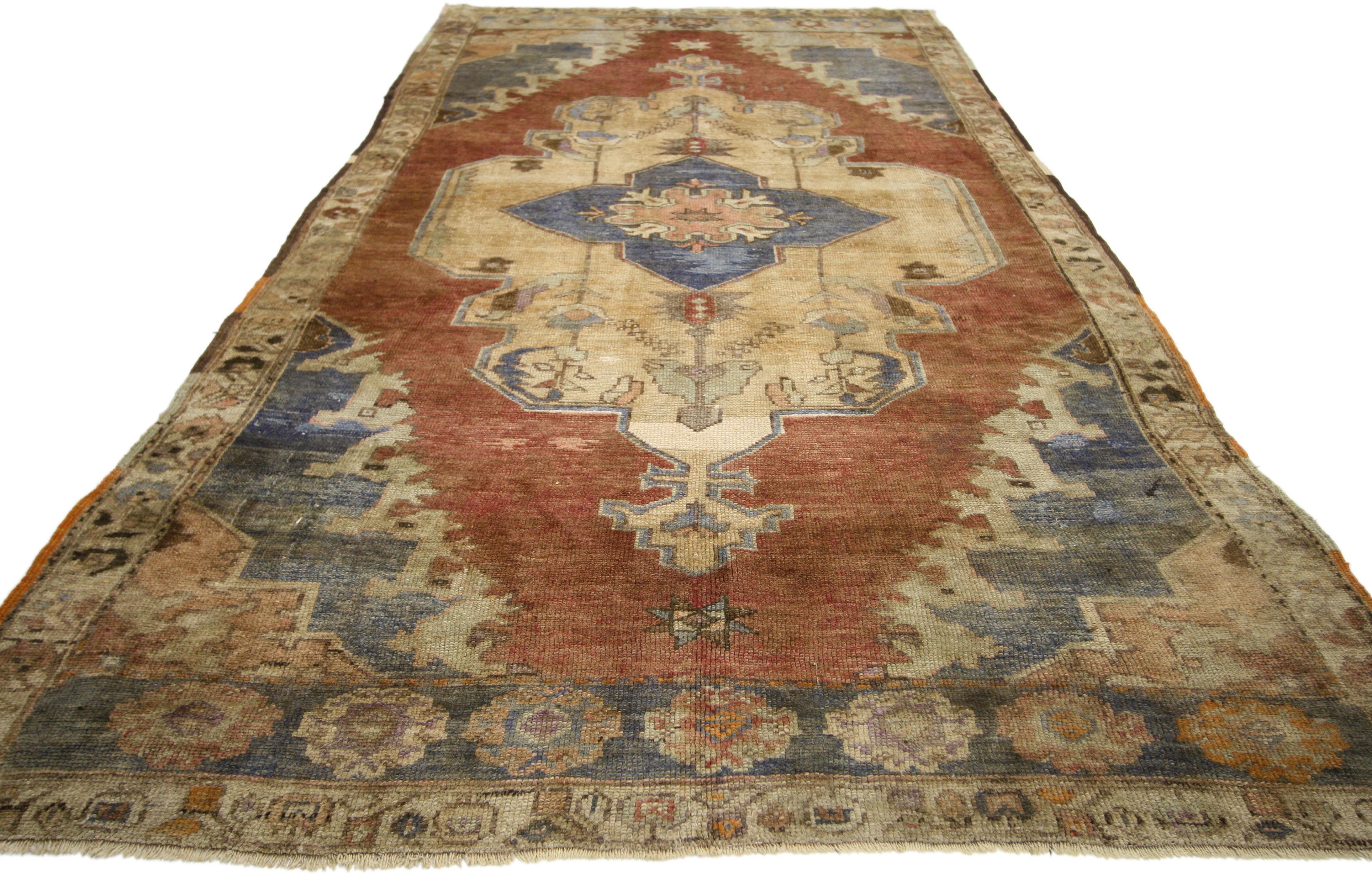 Hand-Knotted Vintage Turkish Oushak Rug, Craftsman Style Meets French Provincial  For Sale