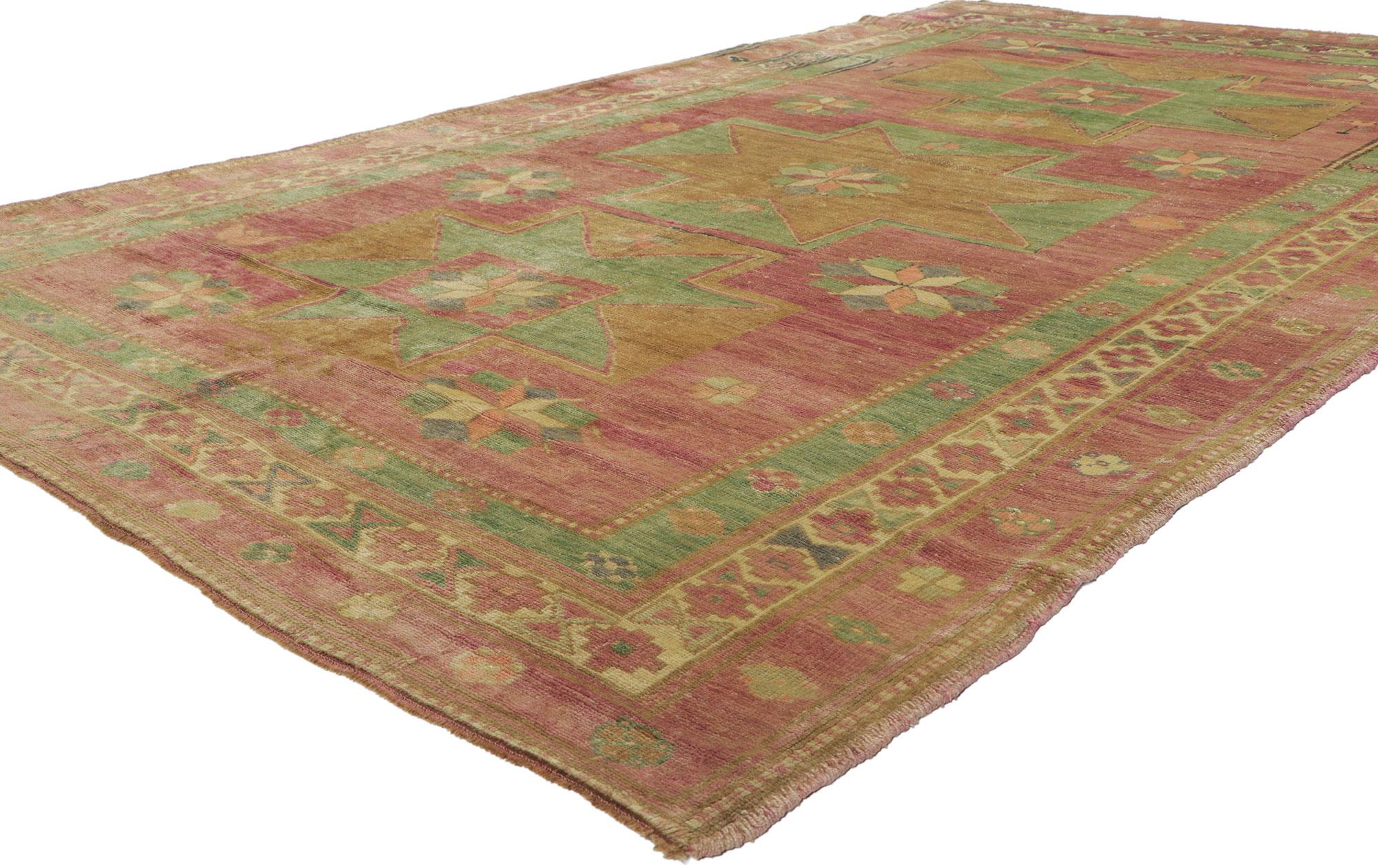 51385 Vintage Turkish Oushak Rug, 05'09 X 09'07. Antique-washed Turkish Oushak rugs are meticulously treated to achieve an antique or vintage look characterized by soft colors, replicating the natural fading and patina of aged rugs. Typically