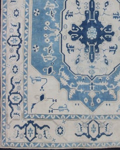 Vintage Turkish Oushak Rug with Dark and Light Blue in Medallion Design