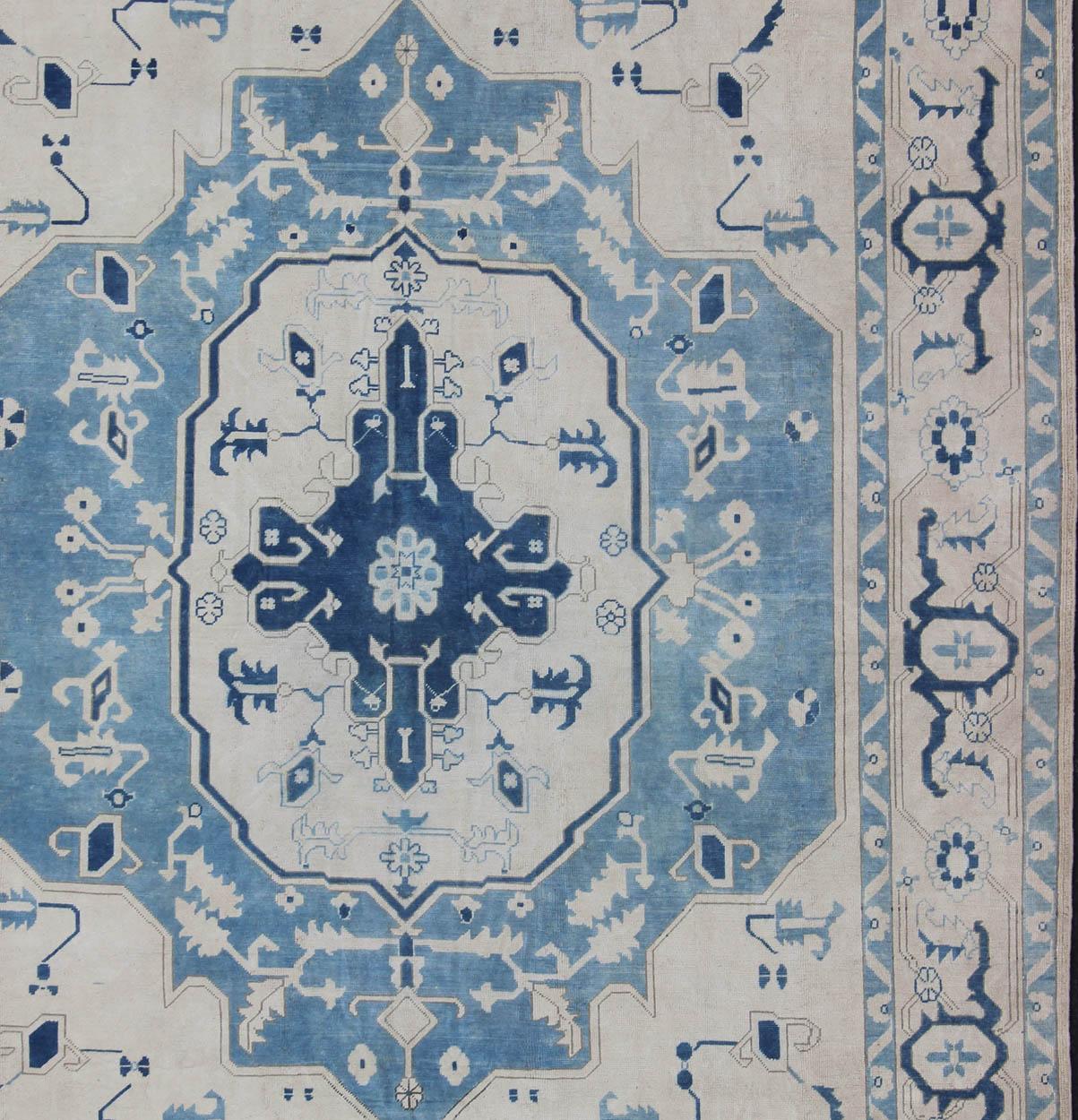 Hand-Knotted Vintage Turkish Oushak Rug with Dark and Light Blue in Medallion Design For Sale