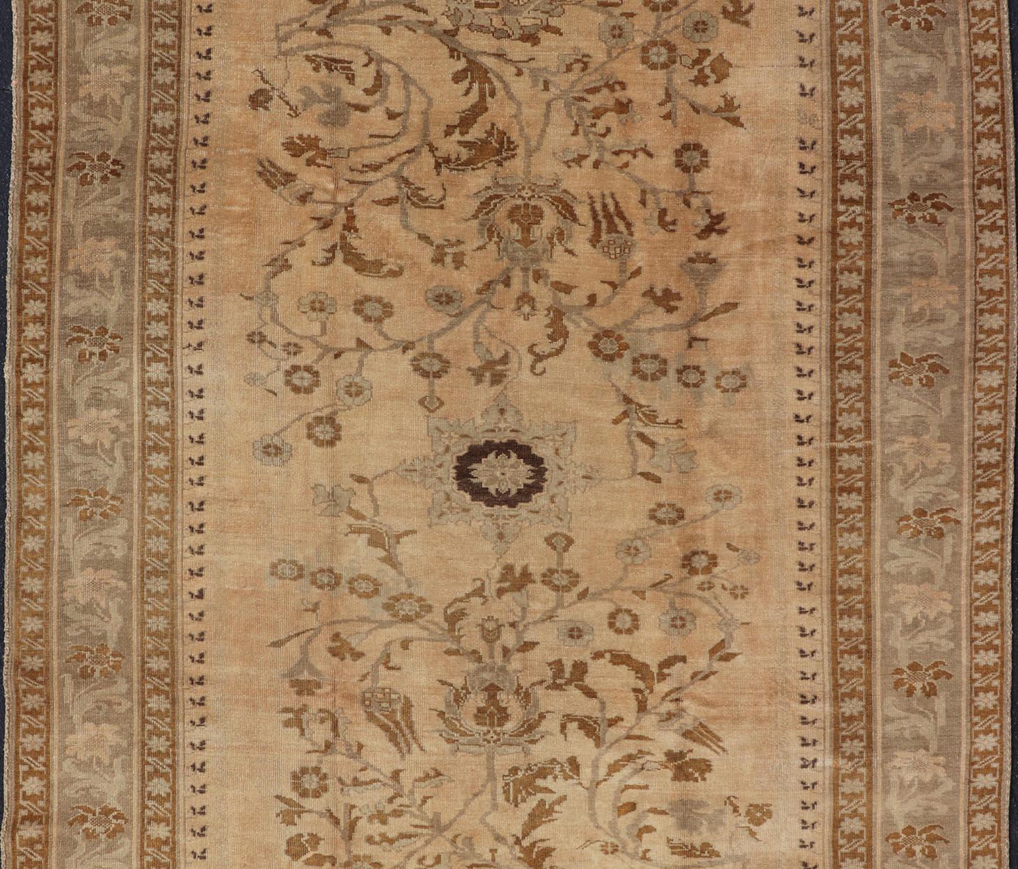 Vintage Turkish Oushak Rug with Detailed Vines and Flowers in Earthy Tones In Good Condition For Sale In Atlanta, GA