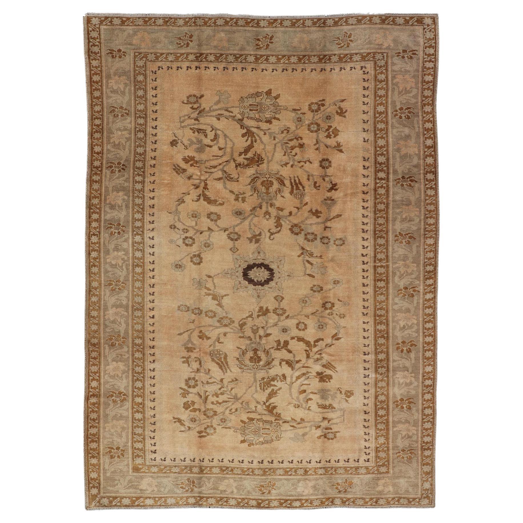 Vintage Turkish Oushak Rug with Detailed Vines and Flowers in Earthy Tones For Sale
