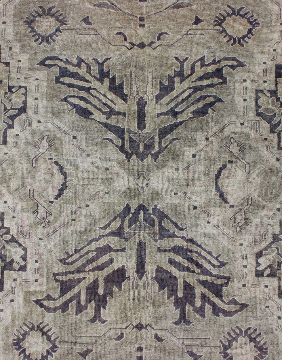 Vintage Turkish Oushak Rug with Dual Medallion Design in Dark Blue and Taupe For Sale 4