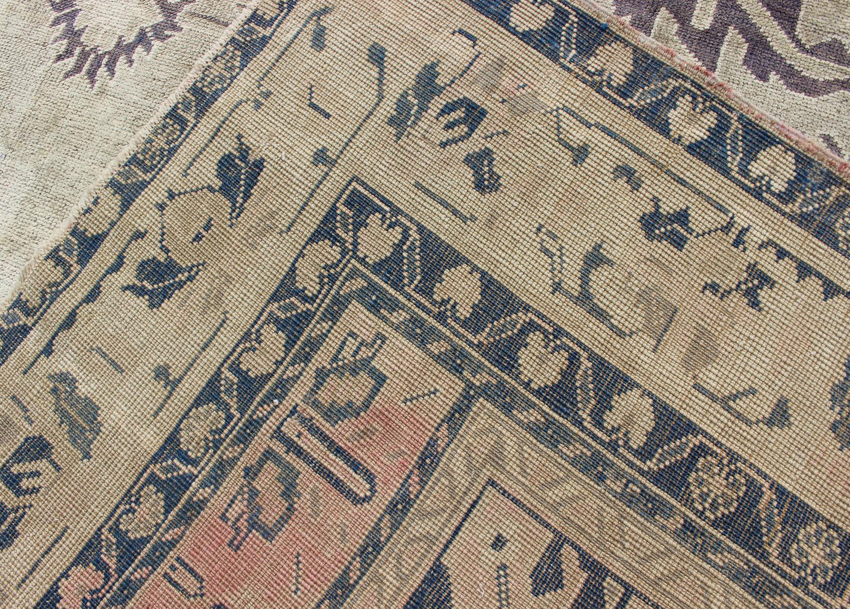 Vintage Turkish Oushak Rug with Dual Medallion Design in Dark Blue and Taupe For Sale 5