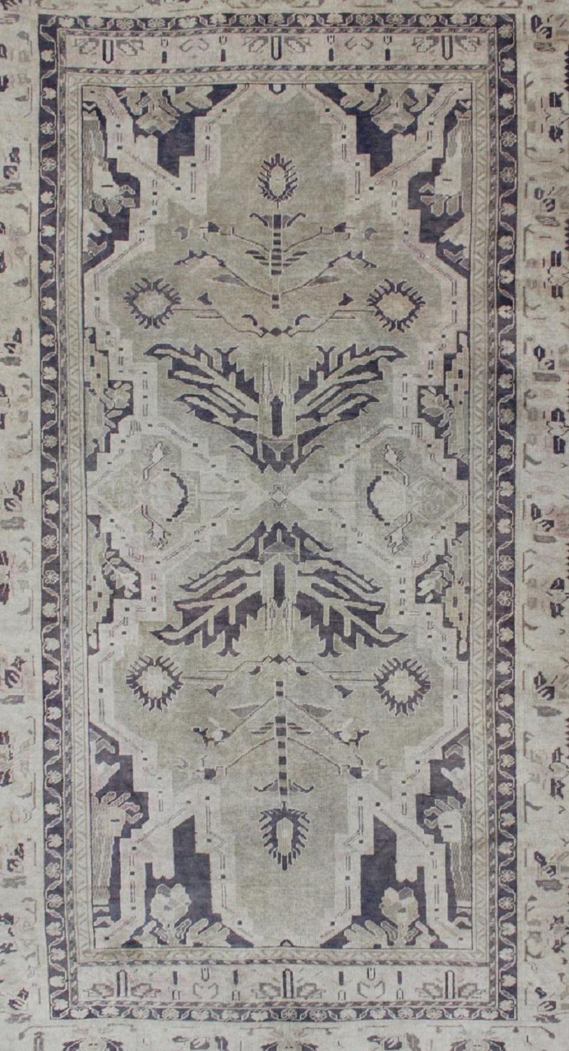 Hand-Knotted Vintage Turkish Oushak Rug with Dual Medallion Design in Dark Blue and Taupe For Sale