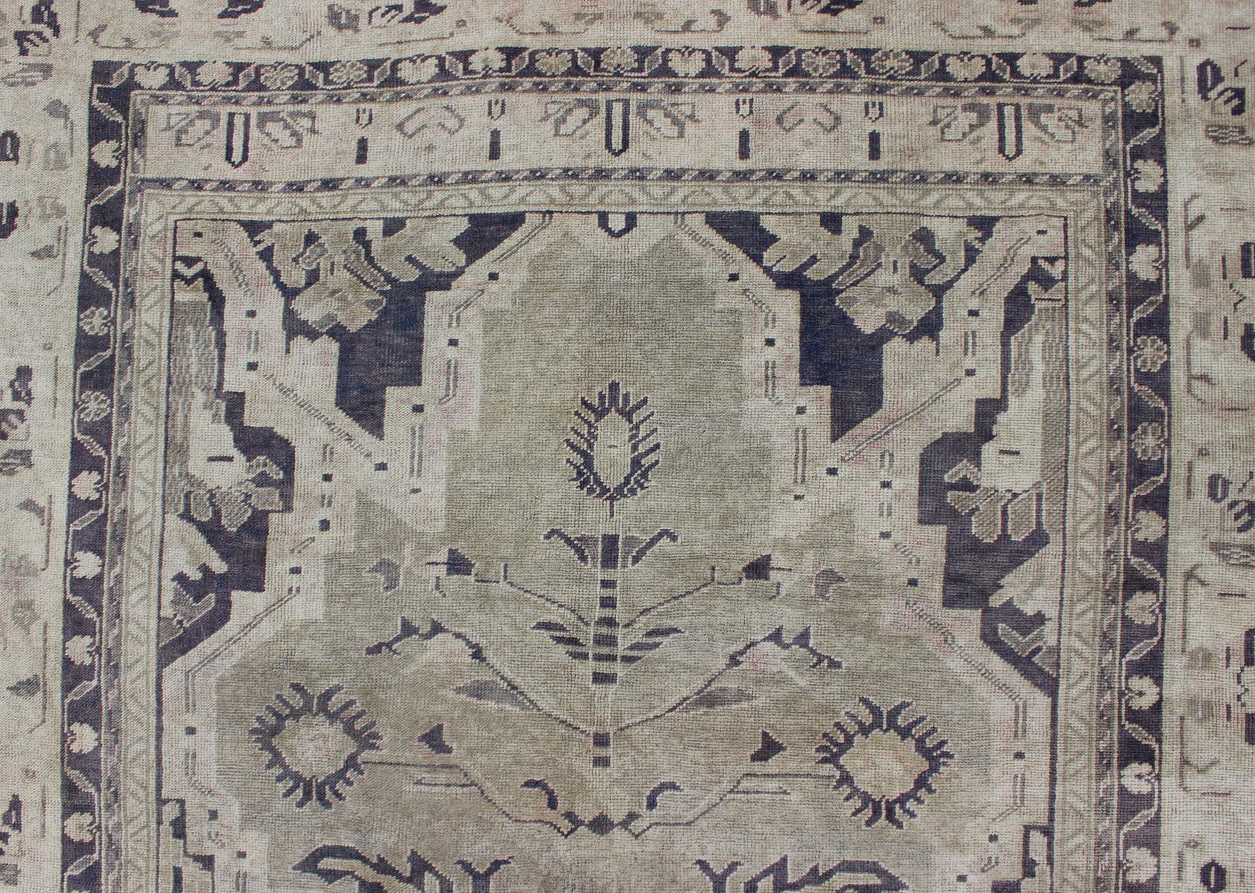 Vintage Turkish Oushak Rug with Dual Medallion Design in Dark Blue and Taupe For Sale 1
