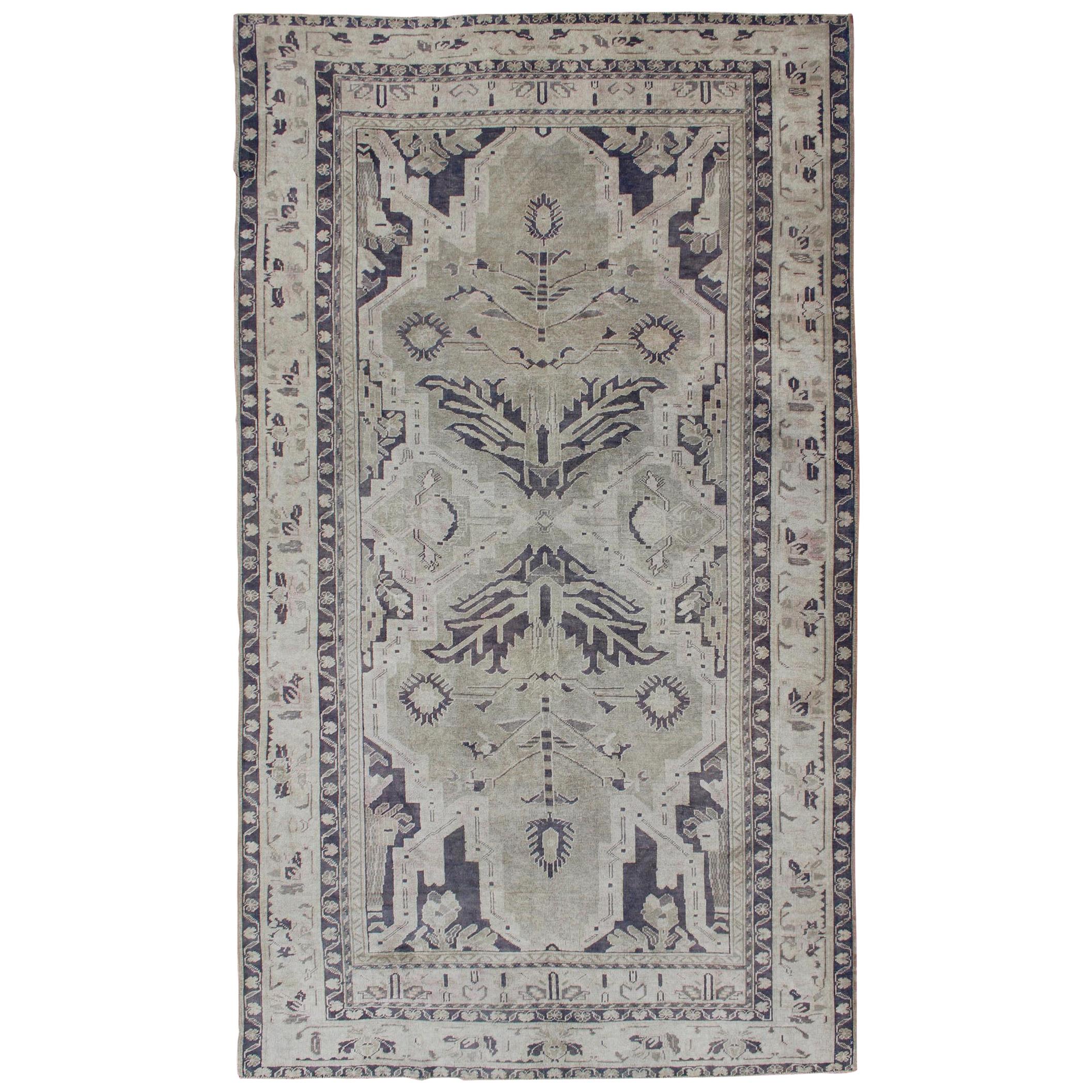 Vintage Turkish Oushak Rug with Dual Medallion Design in Dark Blue and Taupe For Sale