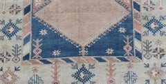 Vintage Turkish Oushak Rug With Elegant Blue and Soft Peach Motifs 5'7 x 7'8