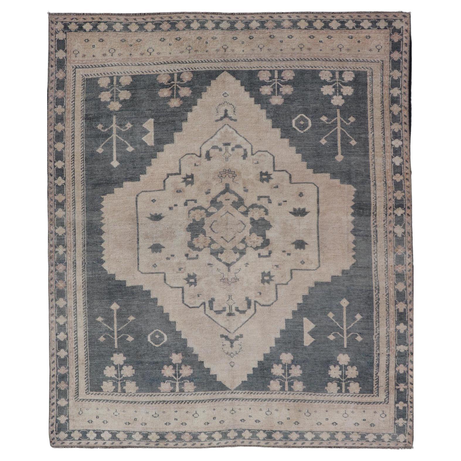 Vintage Turkish Oushak Rug With Elegant Gray and Soft Beige Motifs 5'1 x 6'4
