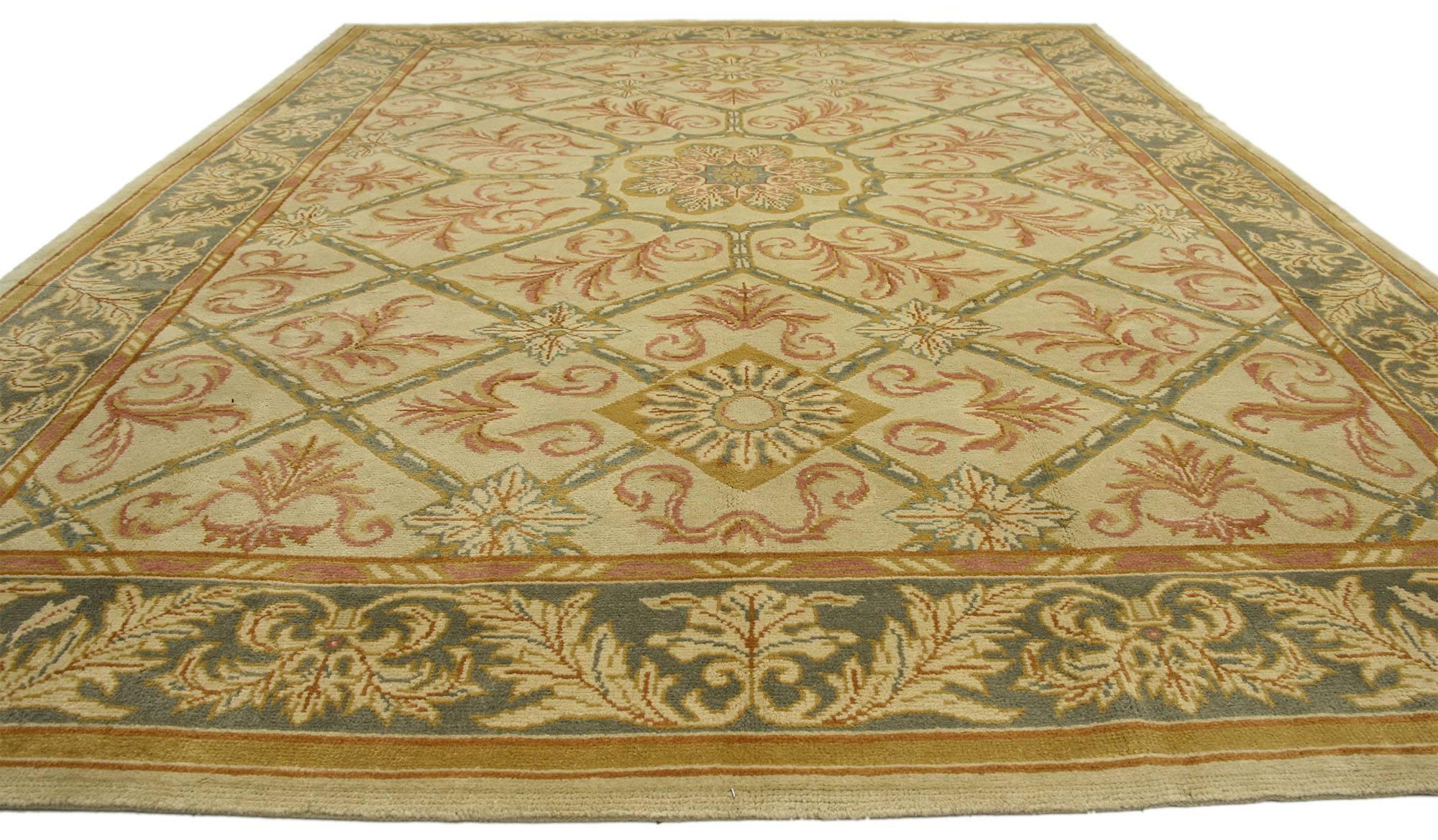 Hand-Knotted Vintage Turkish Oushak Rug with Elizabethan Style and French Influence For Sale