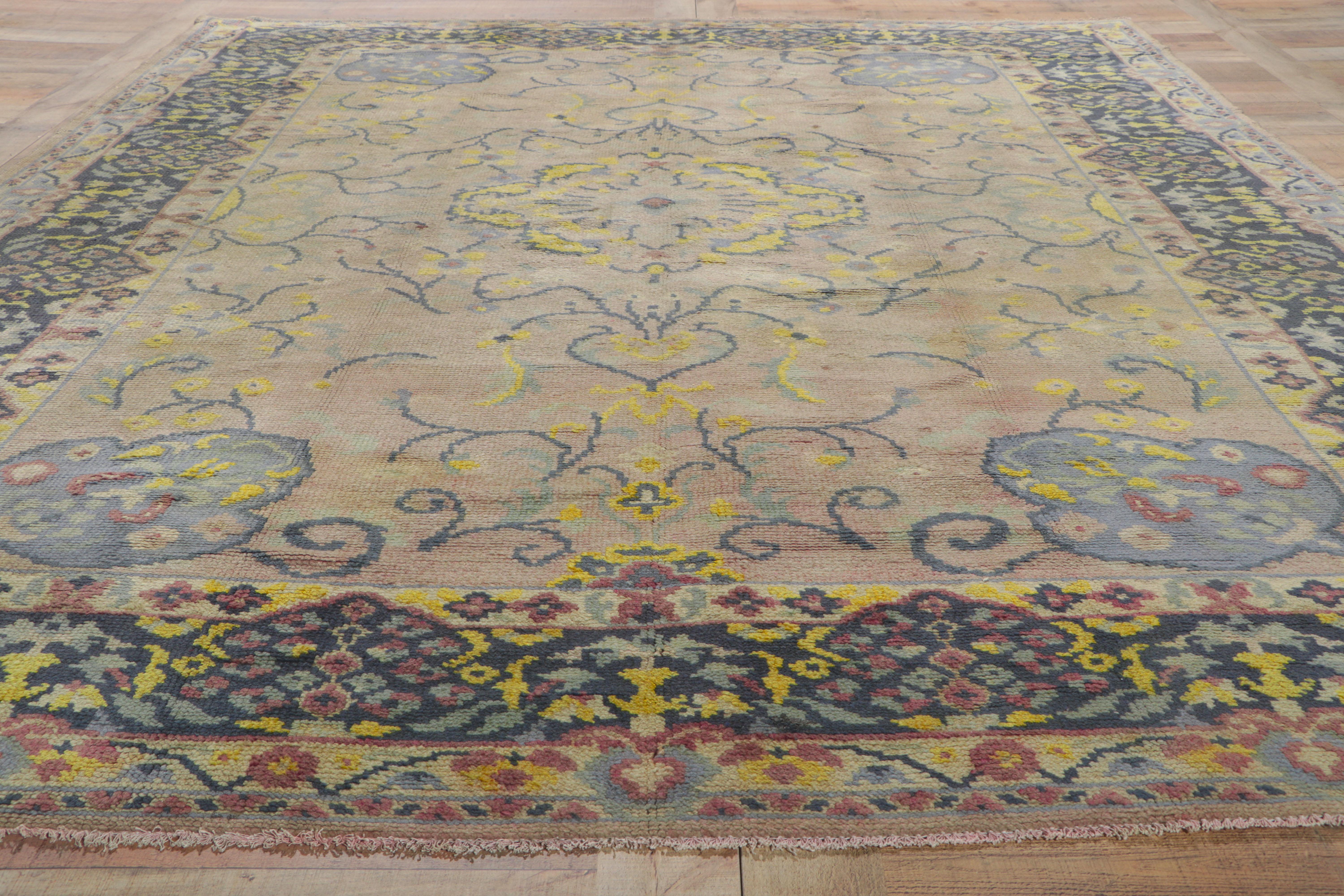 Vintage Turkish Oushak Rug with European Cottage Style For Sale 4