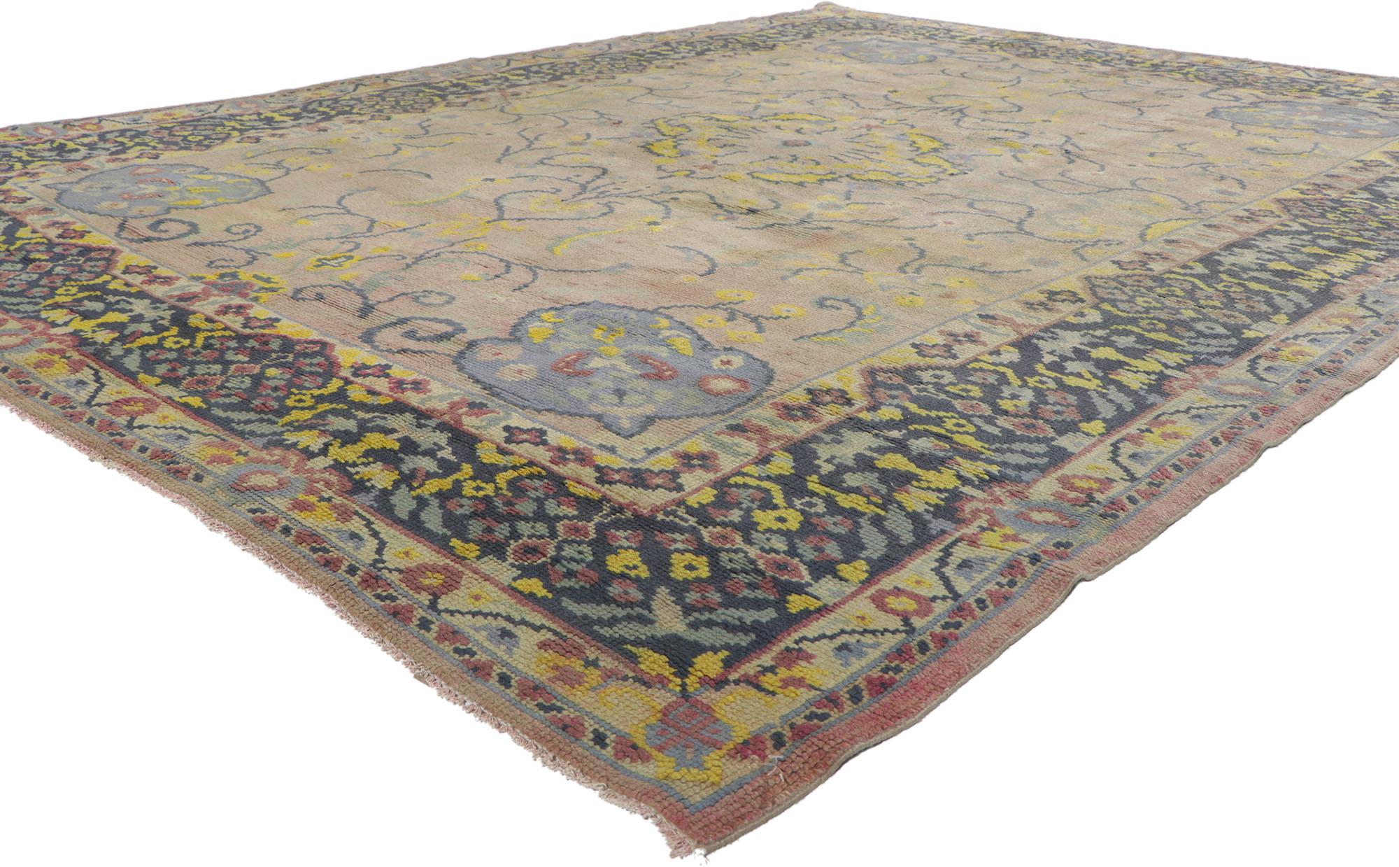 72323, vintage Turkish Oushak rug with European Cottage style. With an elaborate design and pastel colors, this hand knotted wool vintage Turkish Oushak rug beautifully embodies European Cottage style. It features a stunning visual array of filigree