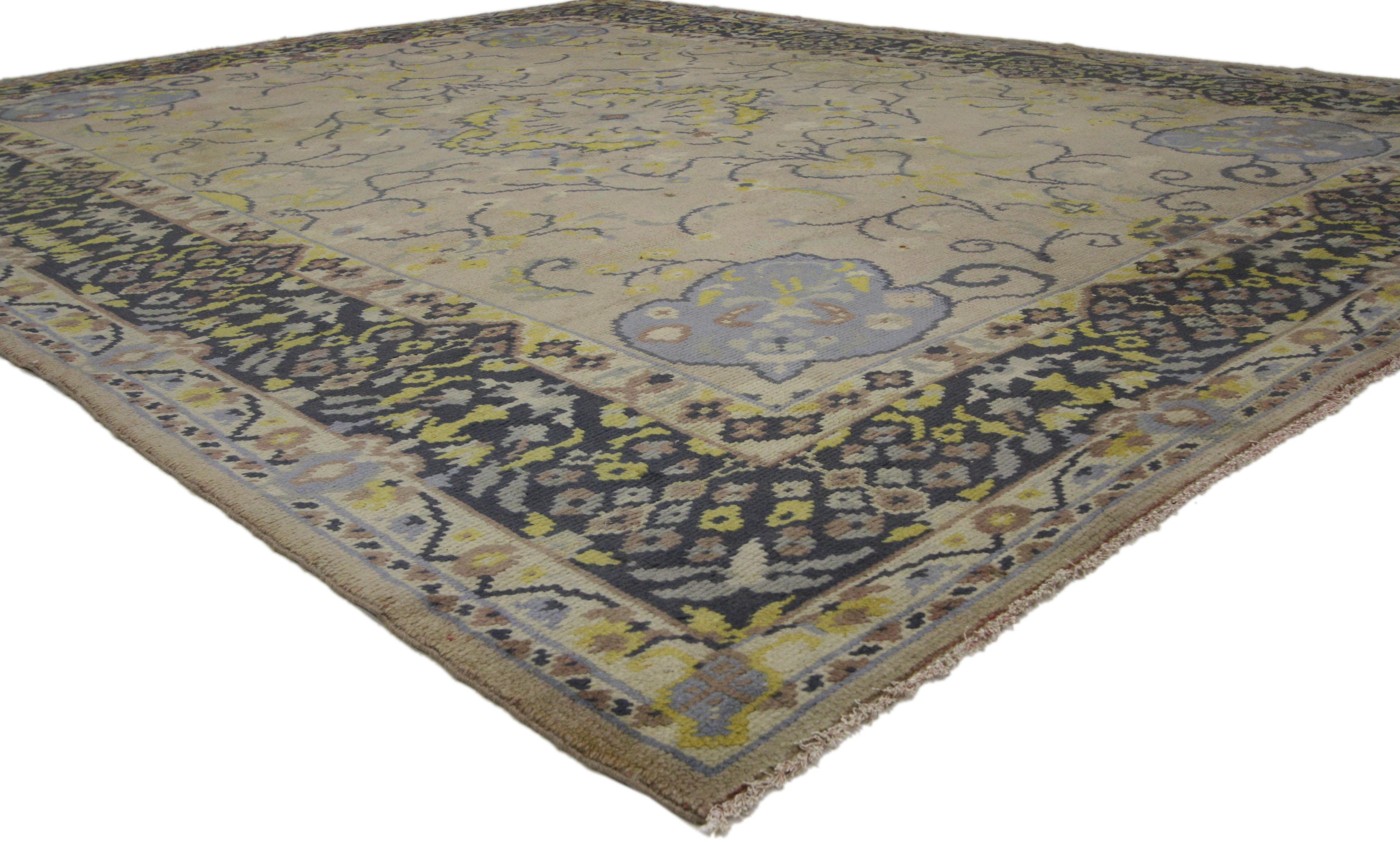 Hand-Knotted Vintage Turkish Oushak Rug with European Cottage Style For Sale