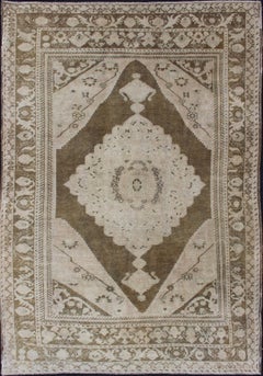 Tapis turc vintage Oushak avec ivoire délavé, Olive Brown et Taupe 5'6 x 8'6