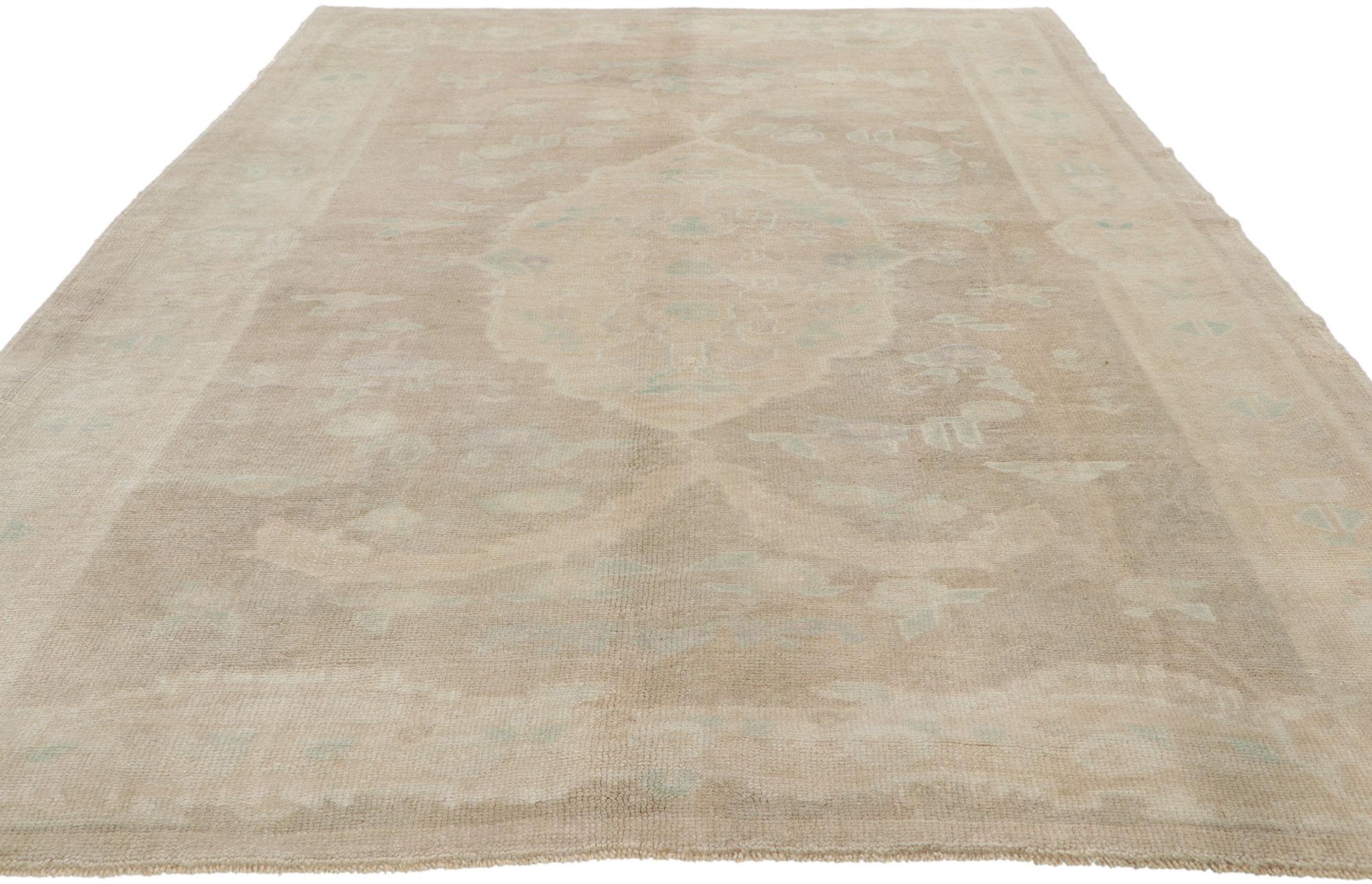 Hand-Knotted Vintage Turkish Oushak Rug with Faded Soft Earth-Tone Colors For Sale