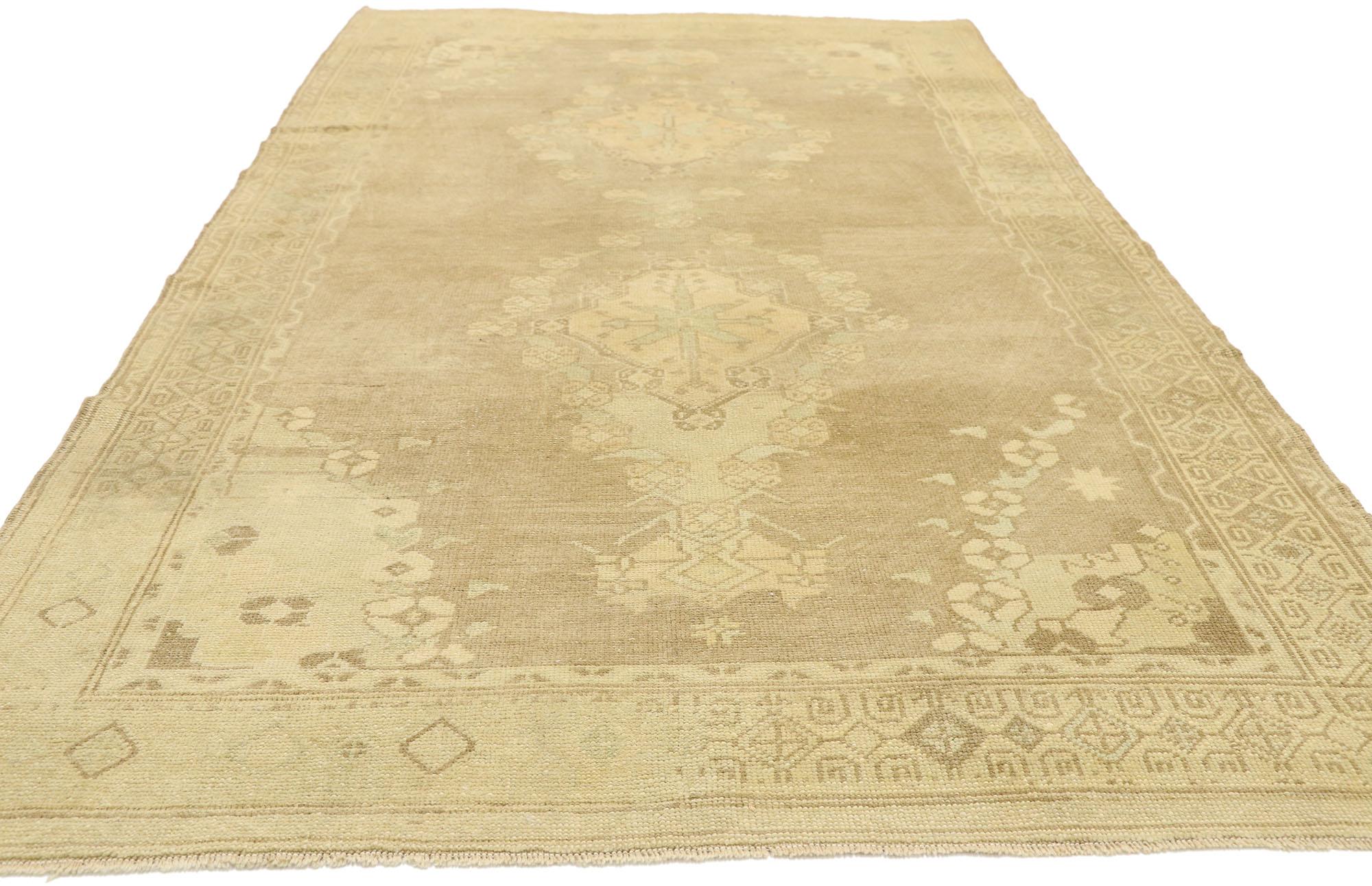 Hand-Knotted Vintage Turkish Oushak Rug with Feminine Shaker Style For Sale