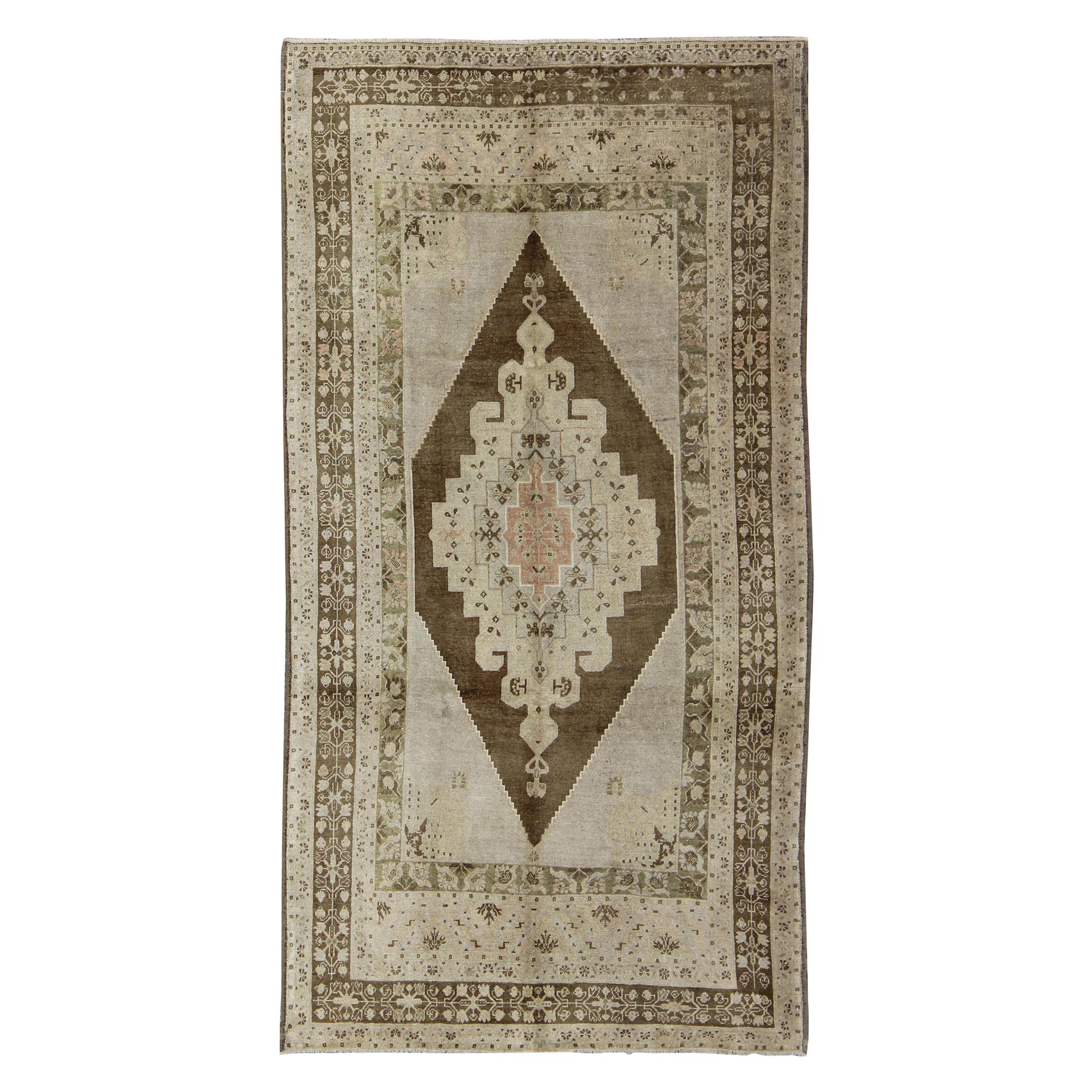 Vintage Turkish Oushak Rug with Floral Multi-Layered Medallion in Brown & Cream