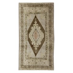 Vintage Turkish Oushak Rug with Floral Multi-Layered Medallion in Brown & Cream