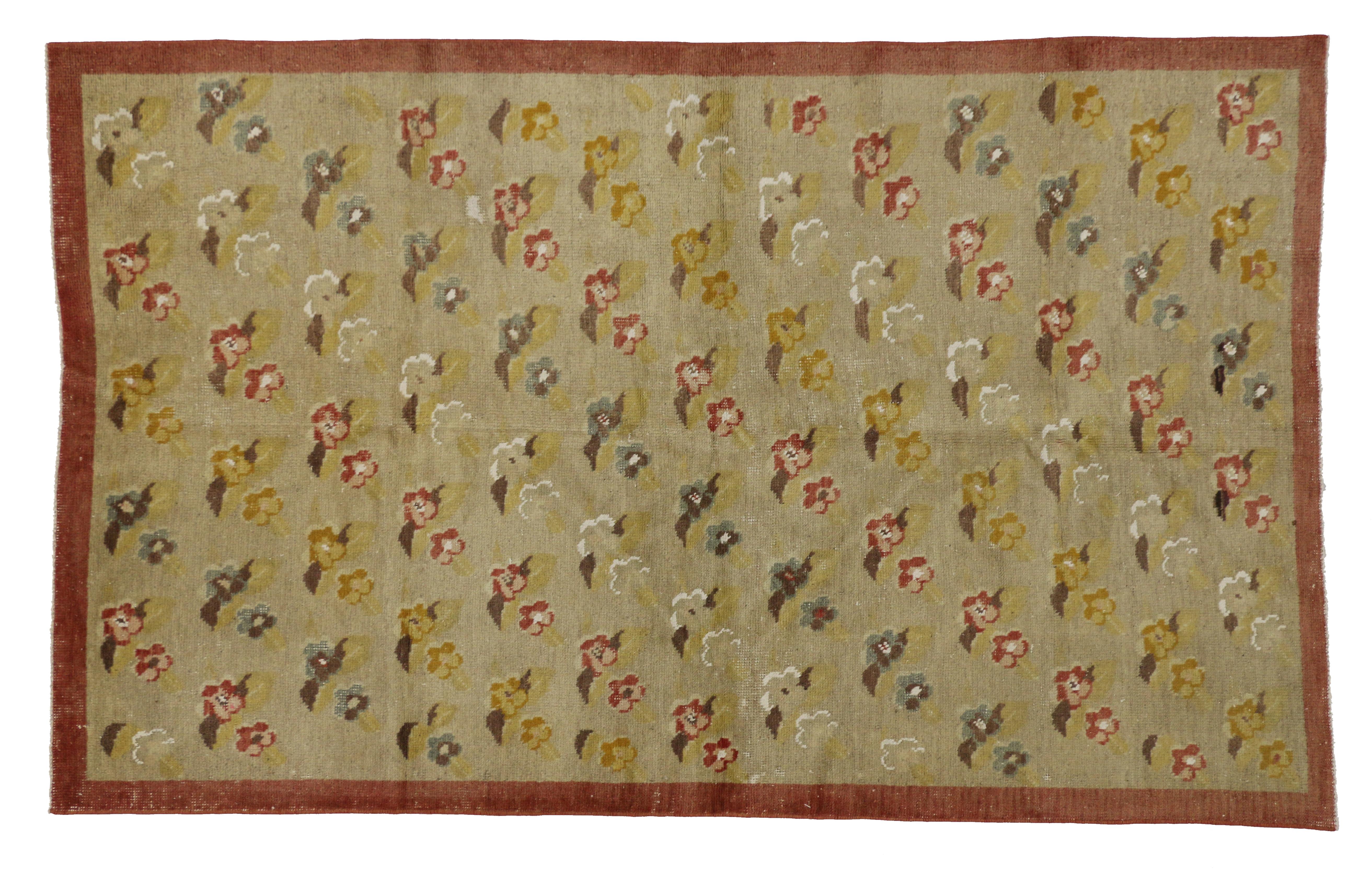 Hand-Knotted Vintage Turkish Oushak Rug with Flower Pattern in Farmhouse Style For Sale
