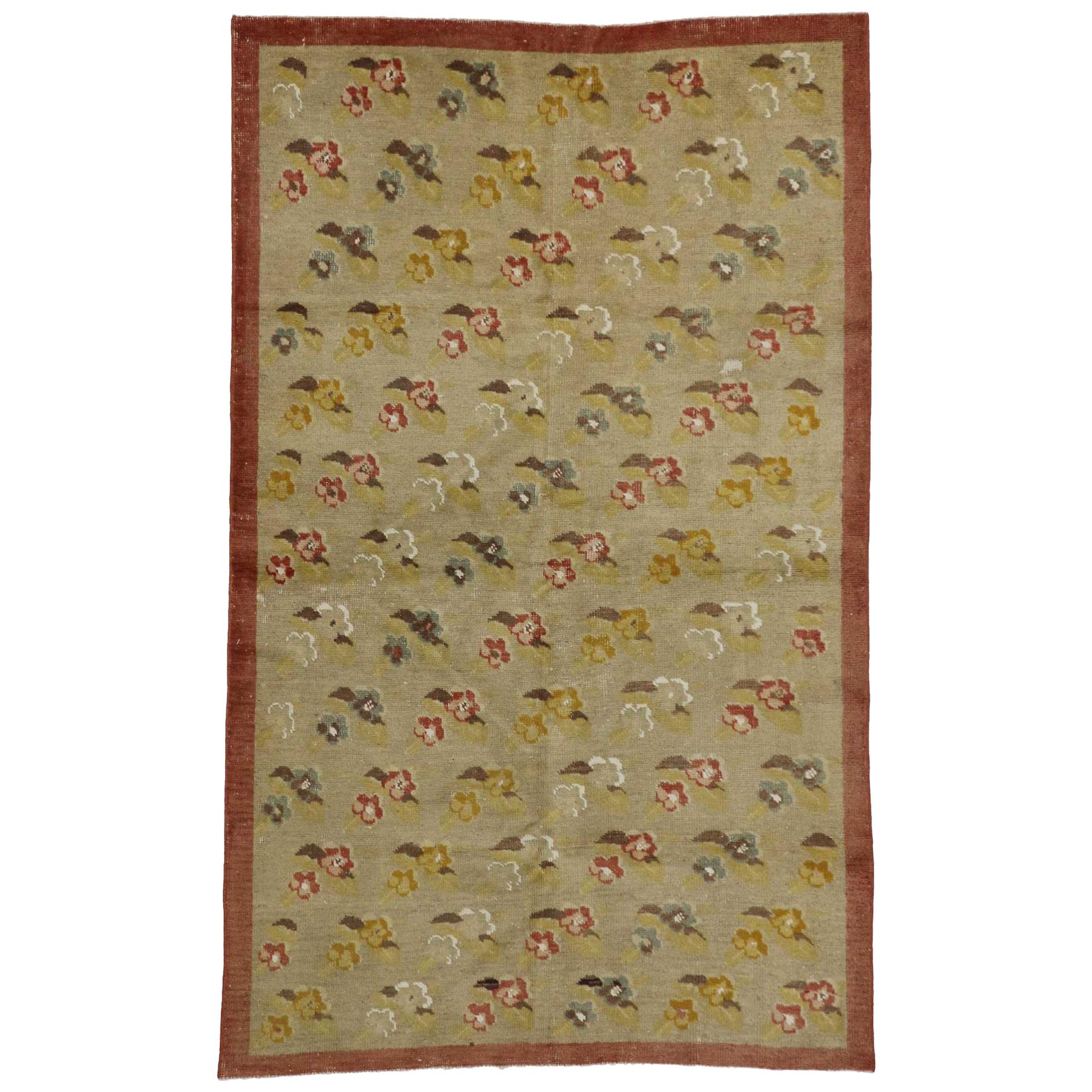 Vintage Turkish Oushak Rug with Flower Pattern in Farmhouse Style For Sale