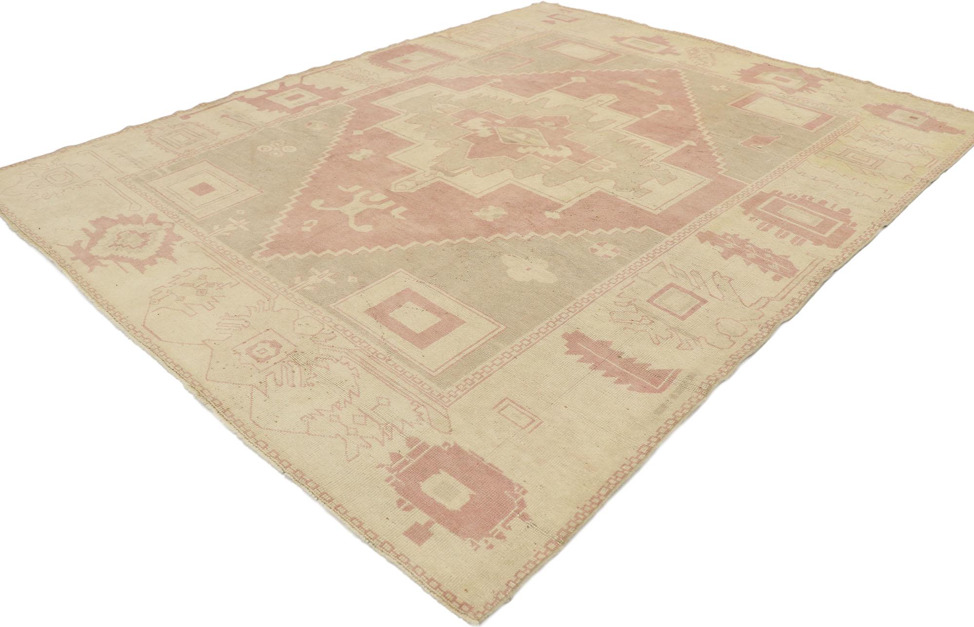 53229 vintage Turkish Oushak rug with French boho chic Transitional style. Emanating timeless elegance and grace, this hand knotted wool vintage Turkish Oushak rug would ground nearly any space with its calm sophistication. The abrashed lozenge