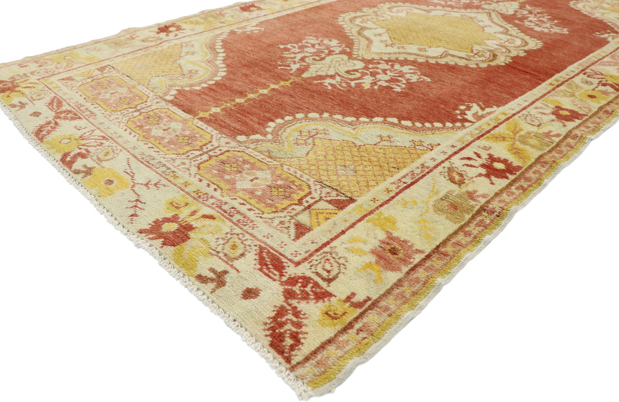 52702, Vintage Turkish Oushak Rug with French Provincial and Rococo Style 03'08 x 06'07. French Provincial and Rococo Romanticism meets timeless Anatolian tradition in this hand knotted wool vintage Turkish Oushak rug. It features a large polygonal