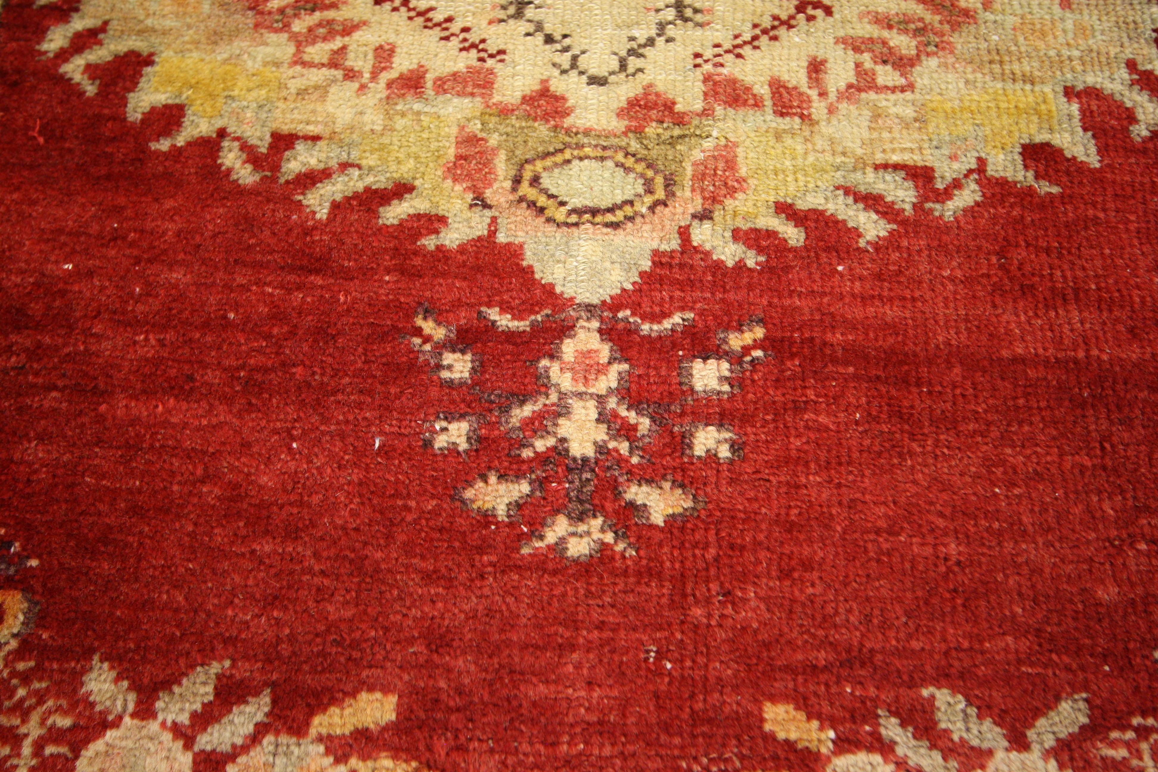 52329, vintage Turkish Oushak rug with French Rococo style, Kitchen, foyer or entry rug. French Rococo Romanticism meets timeless Anatolian tradition in this Classic style vintage Turkish Oushak rug. Set with an elaborate medallion against an