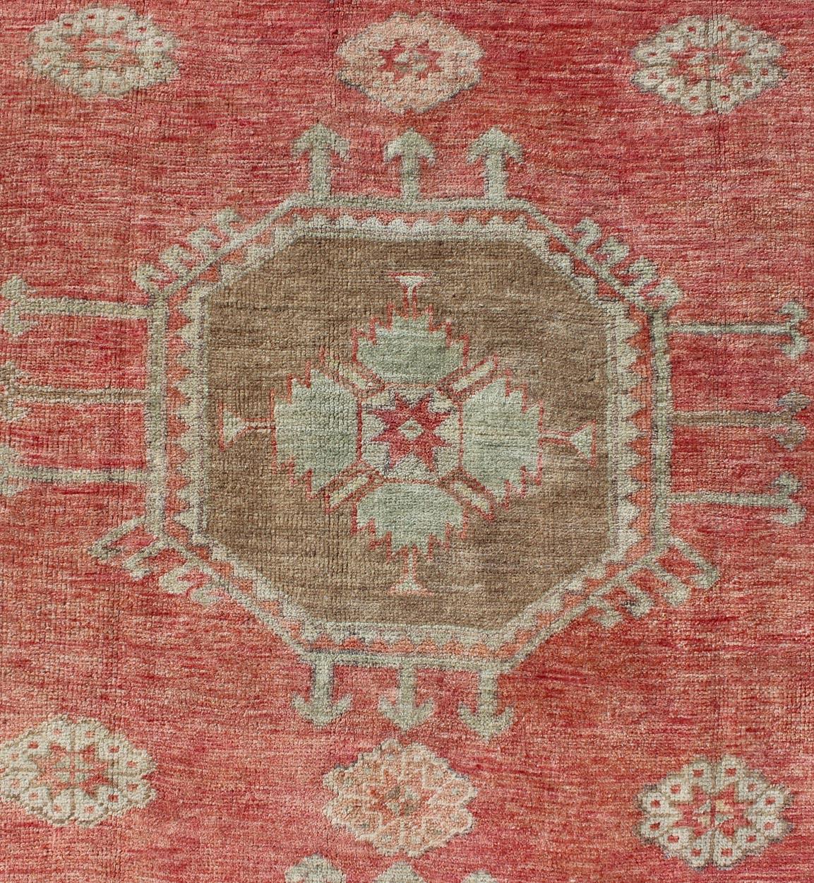 Wool Vintage Turkish Oushak Rug with Geometric Medallions For Sale