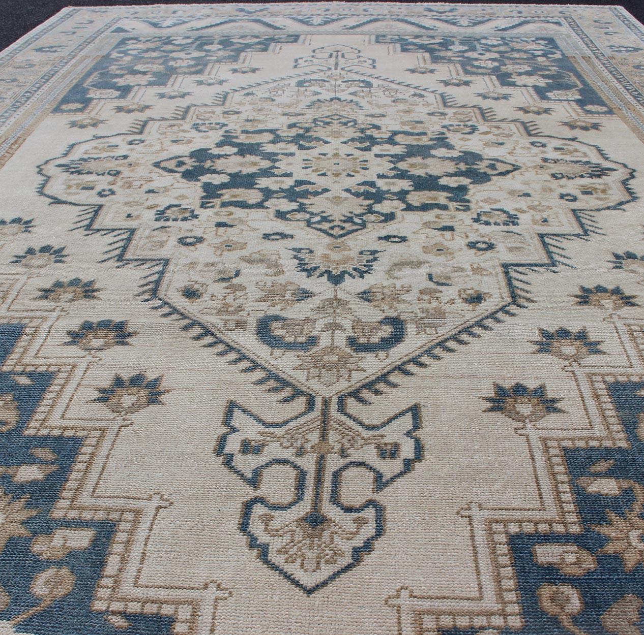 Vintage Turkish Oushak Rug with Geometric Design in Blue, Taupe and Sand For Sale 5