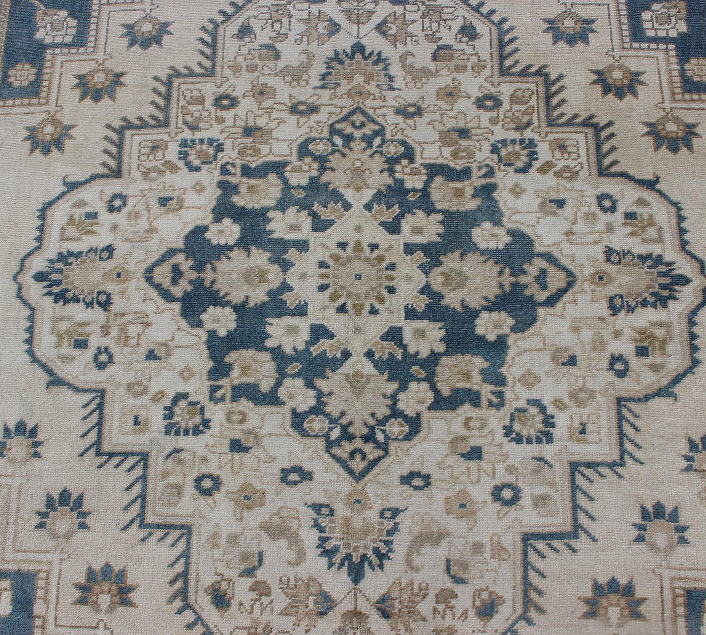 Vintage Turkish Oushak Rug with Geometric Design in Blue, Taupe and Sand For Sale 6