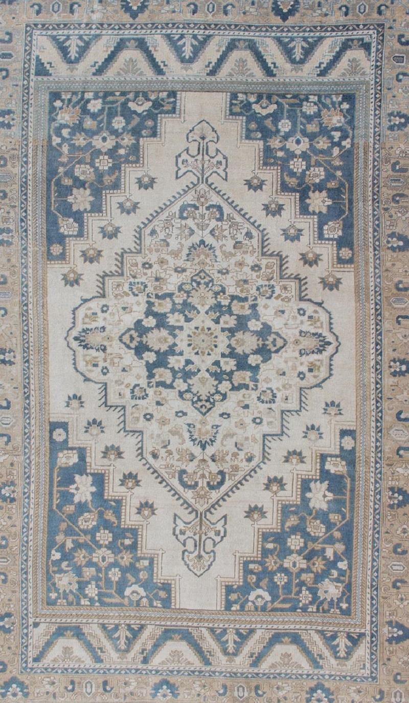 Hand-Knotted Vintage Turkish Oushak Rug with Geometric Design in Blue, Taupe and Sand For Sale