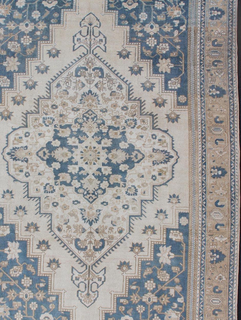 Vintage Turkish Oushak Rug with Geometric Design in Blue, Taupe and Sand In Good Condition For Sale In Atlanta, GA