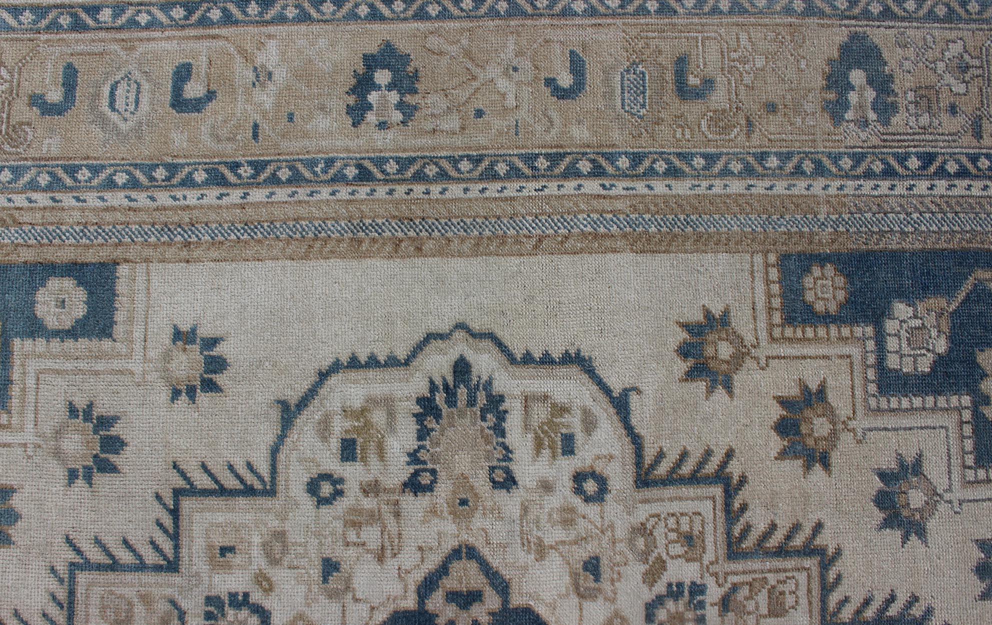 Vintage Turkish Oushak Rug with Geometric Design in Blue, Taupe and Sand For Sale 1