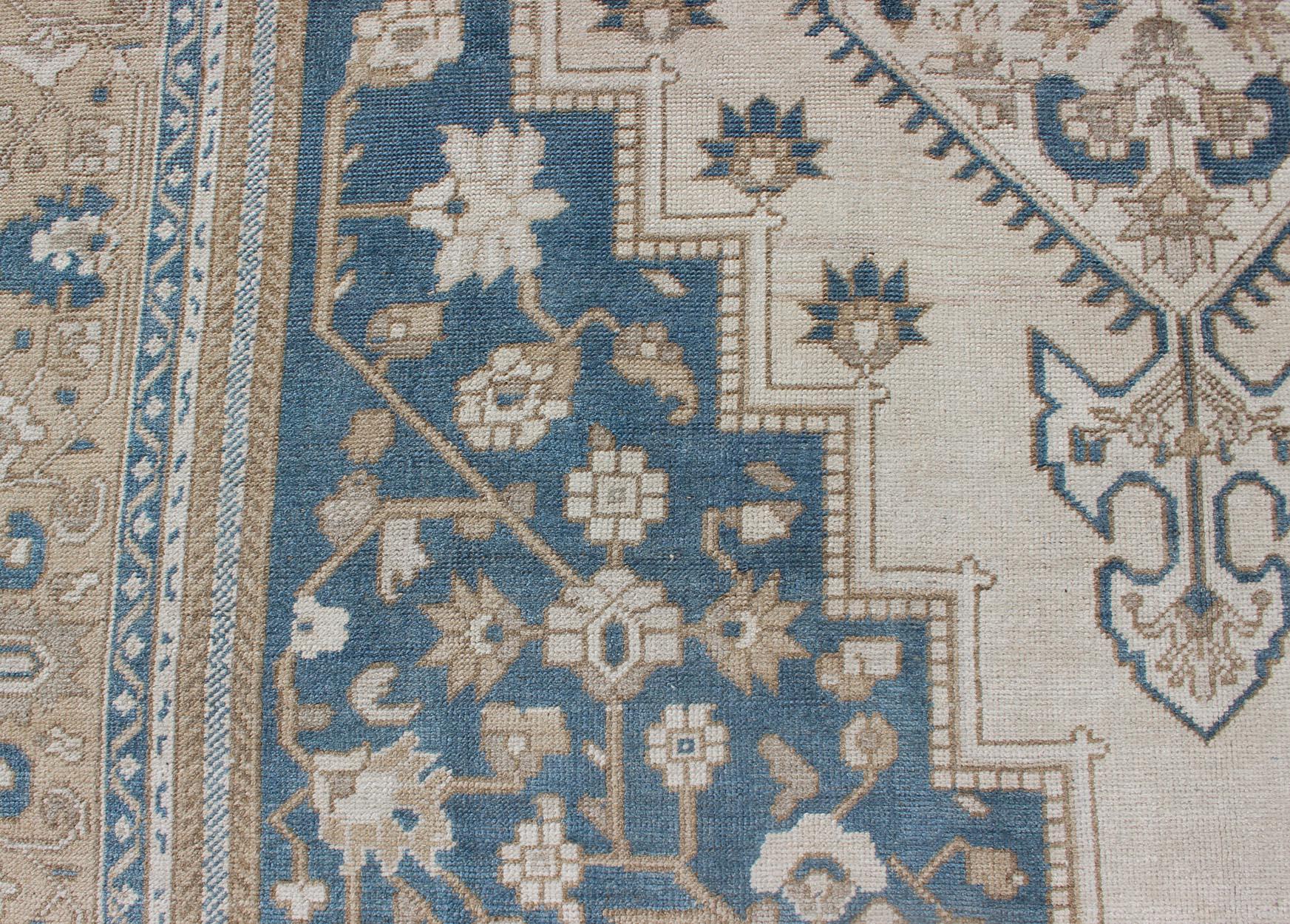 Vintage Turkish Oushak Rug with Geometric Design in Blue, Taupe and Sand For Sale 2