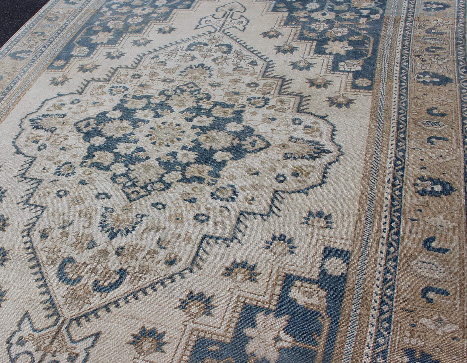 Vintage Turkish Oushak Rug with Geometric Design in Blue, Taupe and Sand For Sale 3