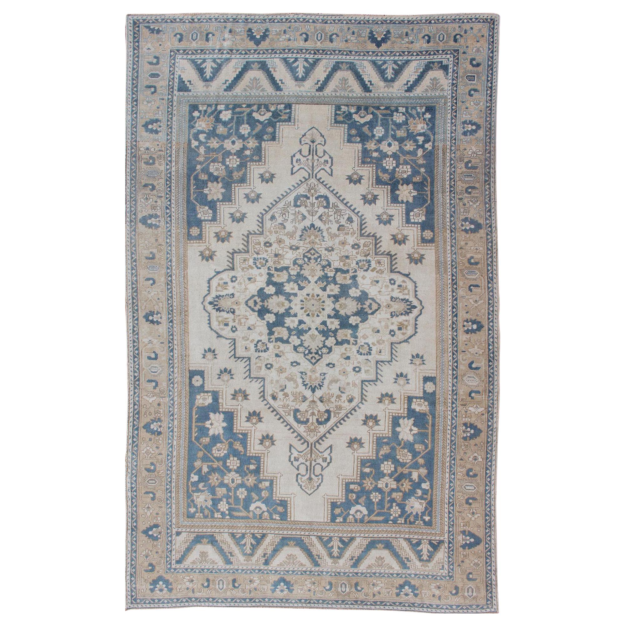 Vintage Turkish Oushak Rug with Geometric Design in Blue, Taupe and Sand