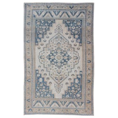 Vintage Turkish Oushak Rug with Geometric Design in Blue, Taupe and Sand