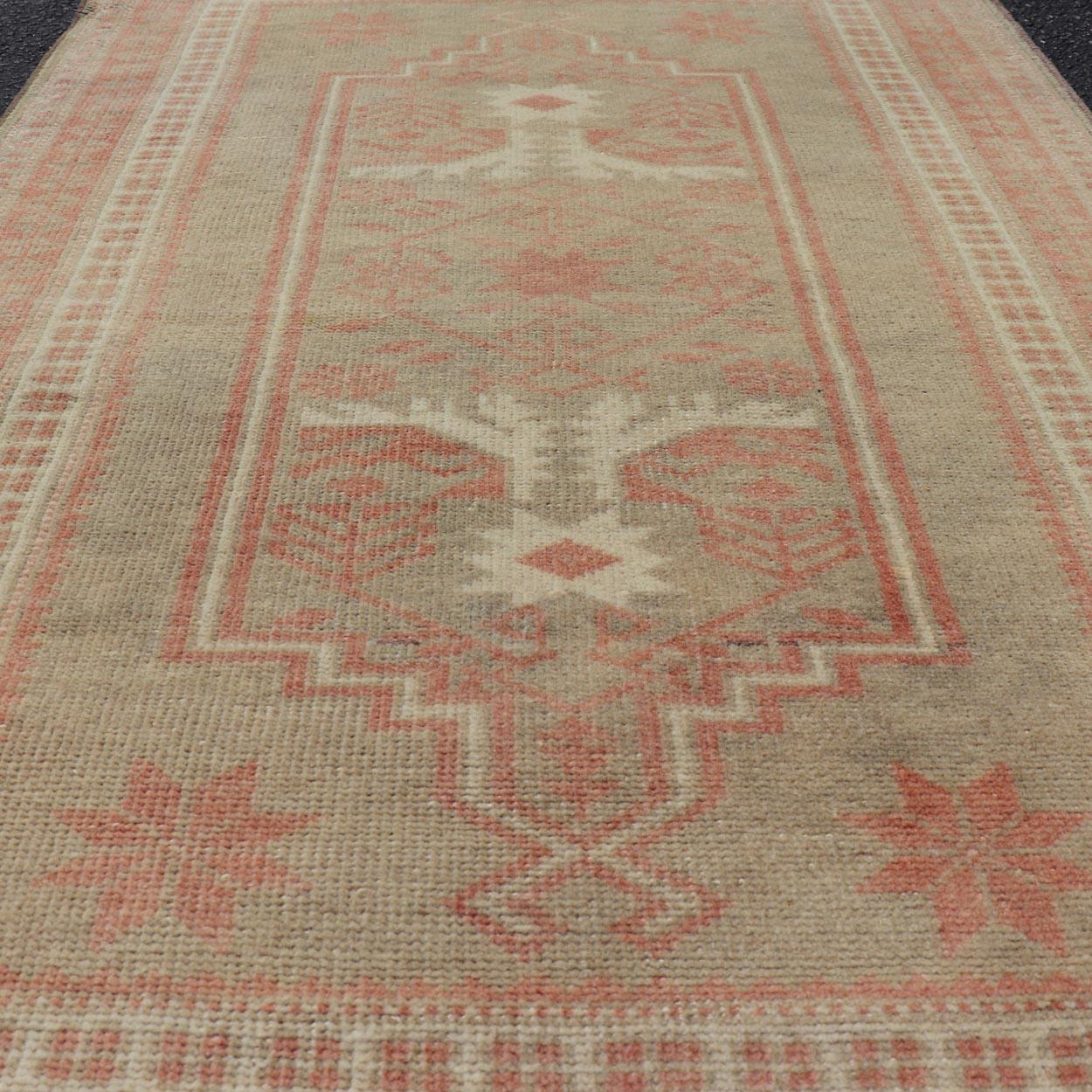 Wool Vintage Turkish Oushak Rug with Geometric Design in Soft Red, and Light Green  For Sale
