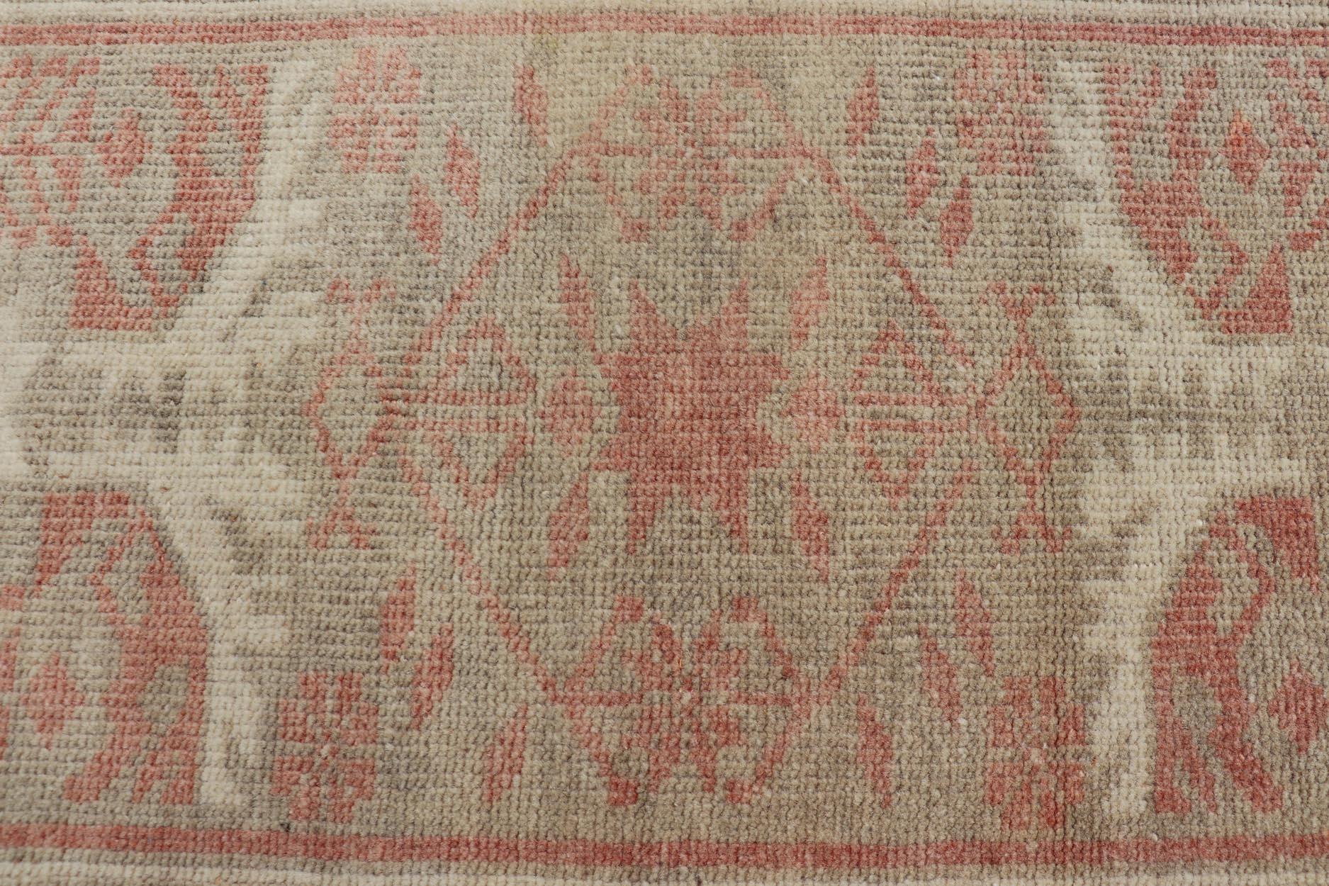 Vintage Turkish Oushak Rug with Geometric Design in Soft Red, and Light Green  For Sale 1