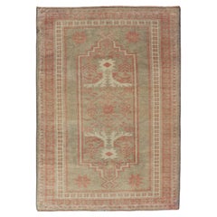 Vintage Turkish Oushak Rug with Geometric Design in Soft Red, and Light Green 