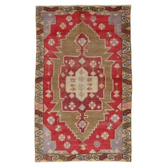Vintage Turkish Oushak Rug with Geometric Medallion in Red, Green, Yellow