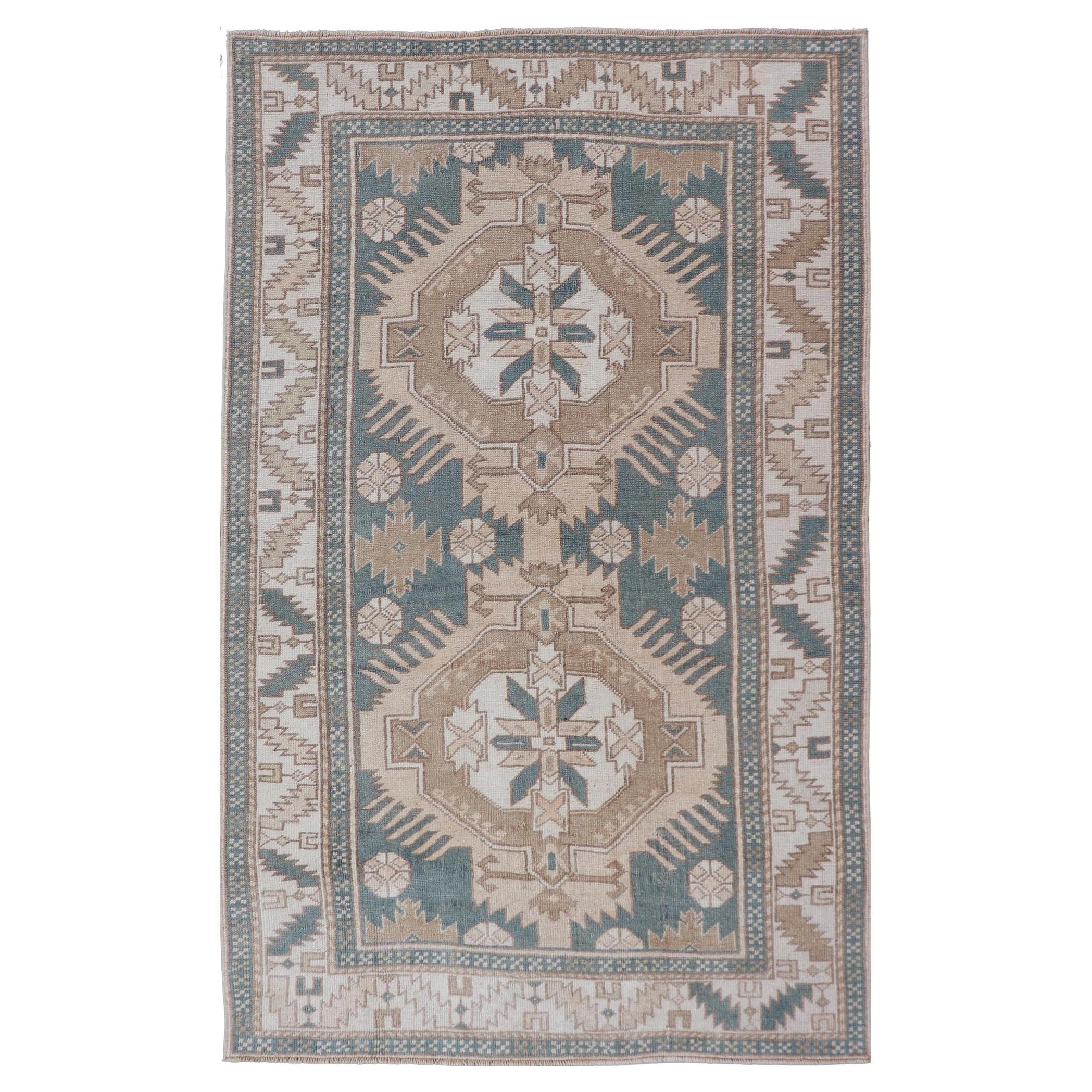 Vintage Turkish Oushak Rug with Geometric Medallions 3'10" x 6'7" #