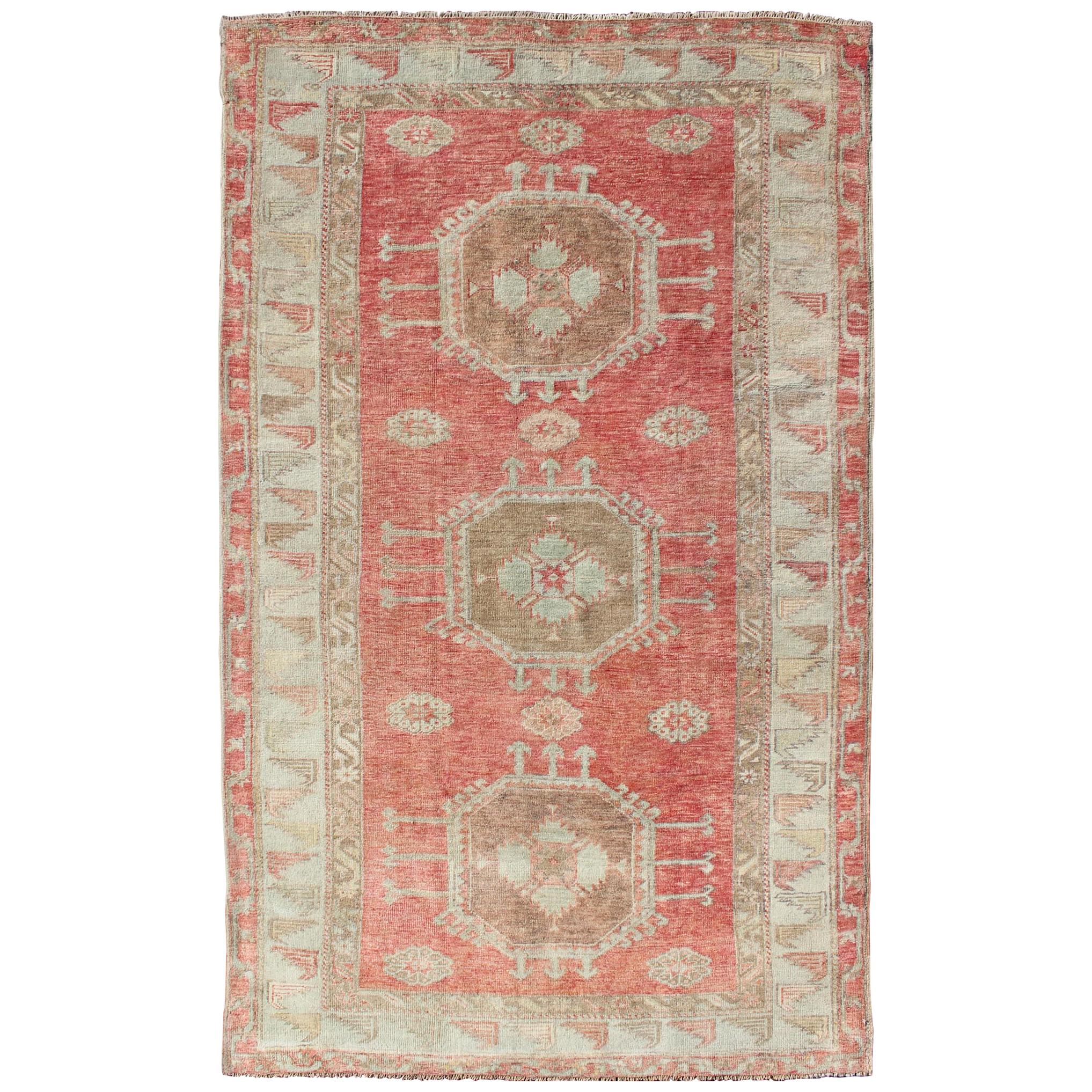 Vintage Turkish Oushak Rug with Geometric Medallions